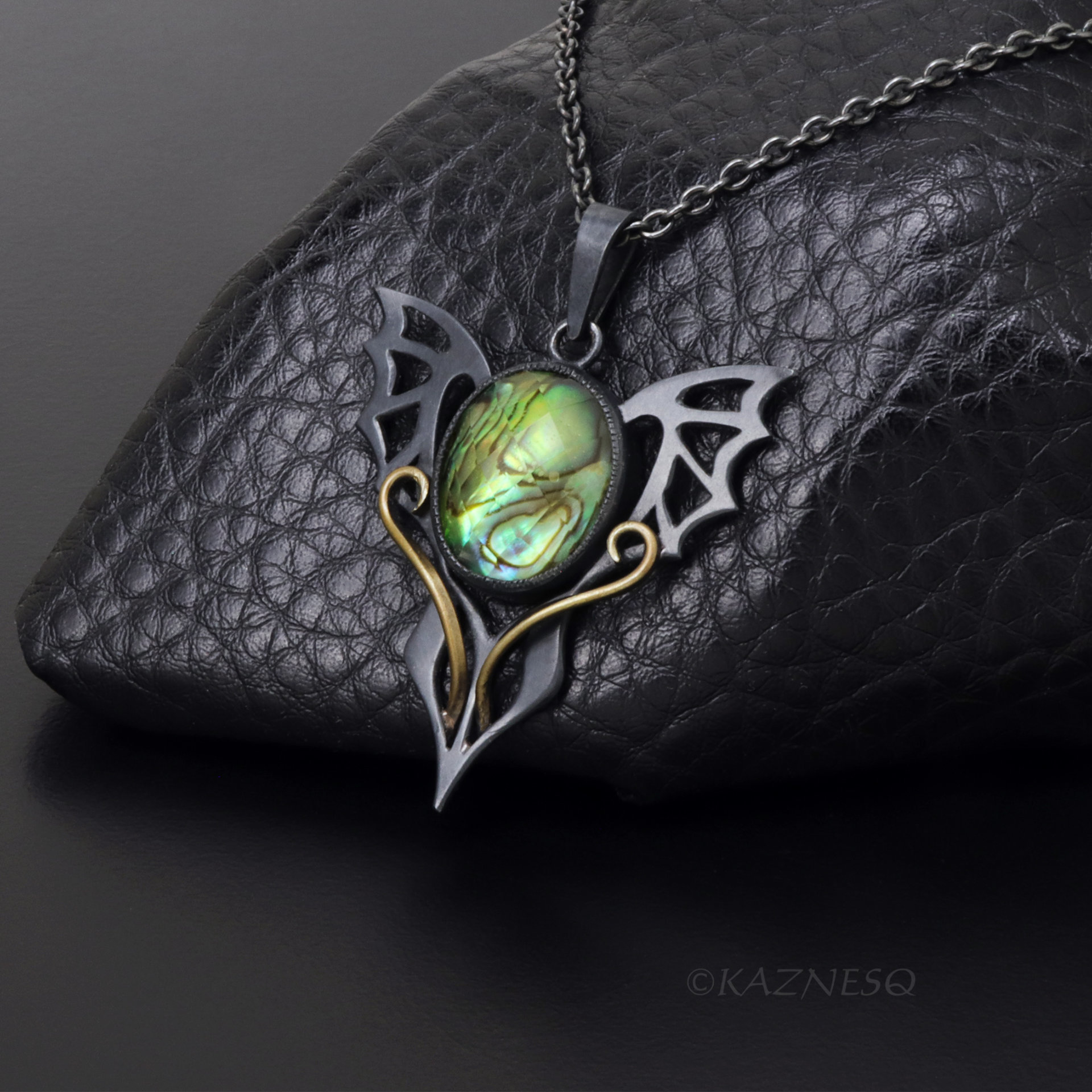 Handmade Gothic Pendant Necklace – Oxidized Silver Dragon Wing with Paua Shell Lemon Quartz Doublet & Brass Scrollwork