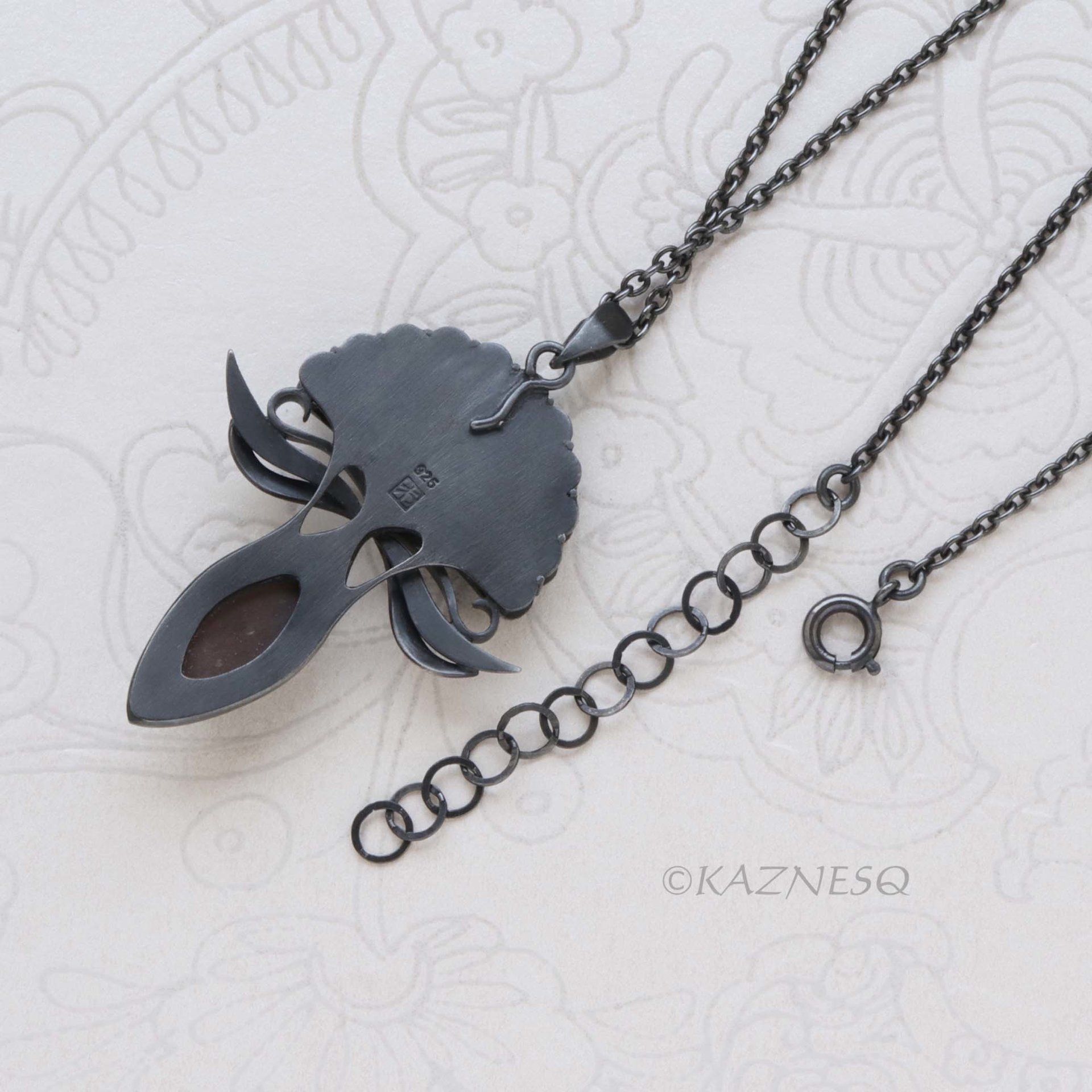 Oxidized Silver Fantasy Flower Pendant Necklace – Rutilated Quartz & Black Mother of Pearl, Handmade Art Jewelry