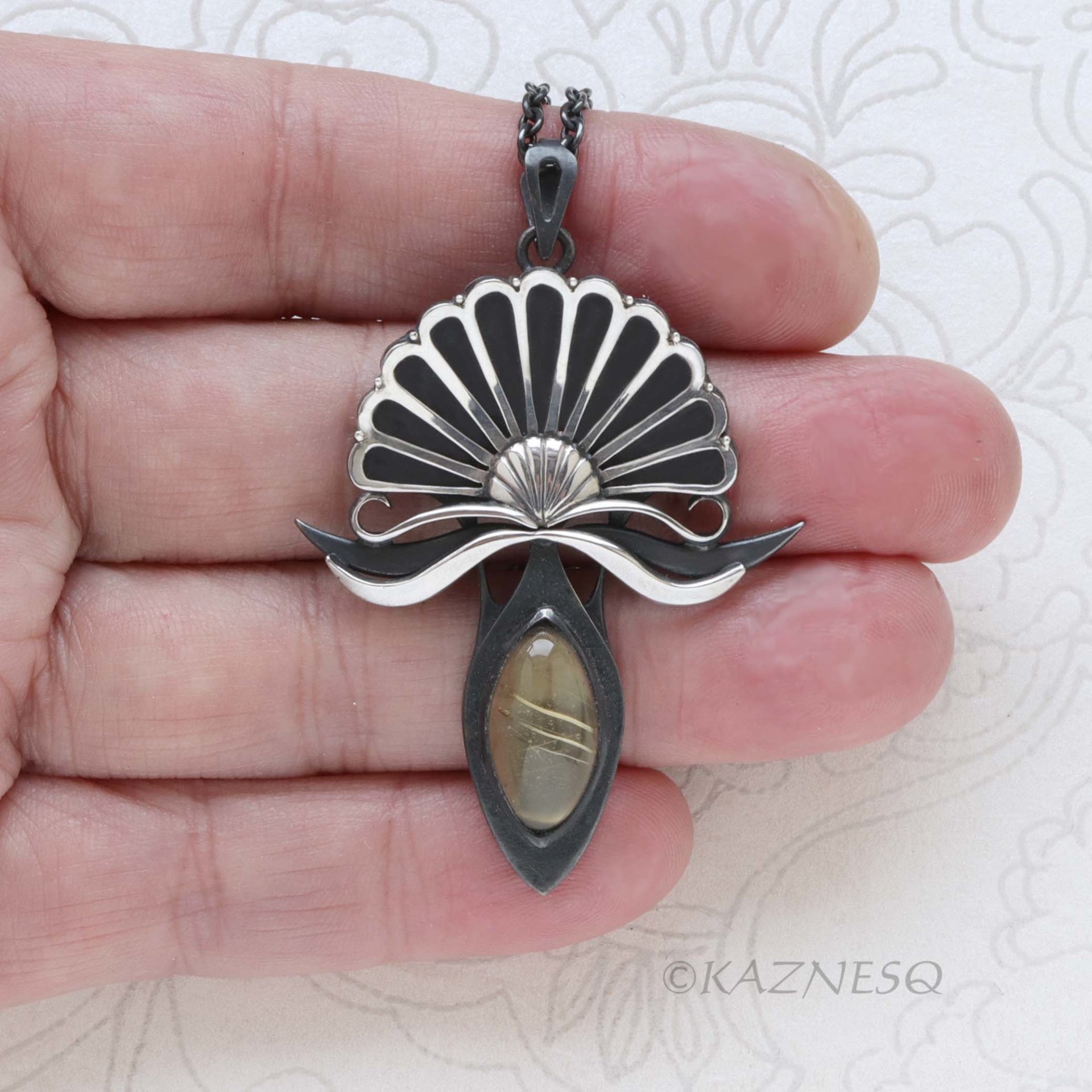 Oxidized Silver Fantasy Flower Pendant Necklace – Rutilated Quartz & Black Mother of Pearl, Handmade Art Jewelry