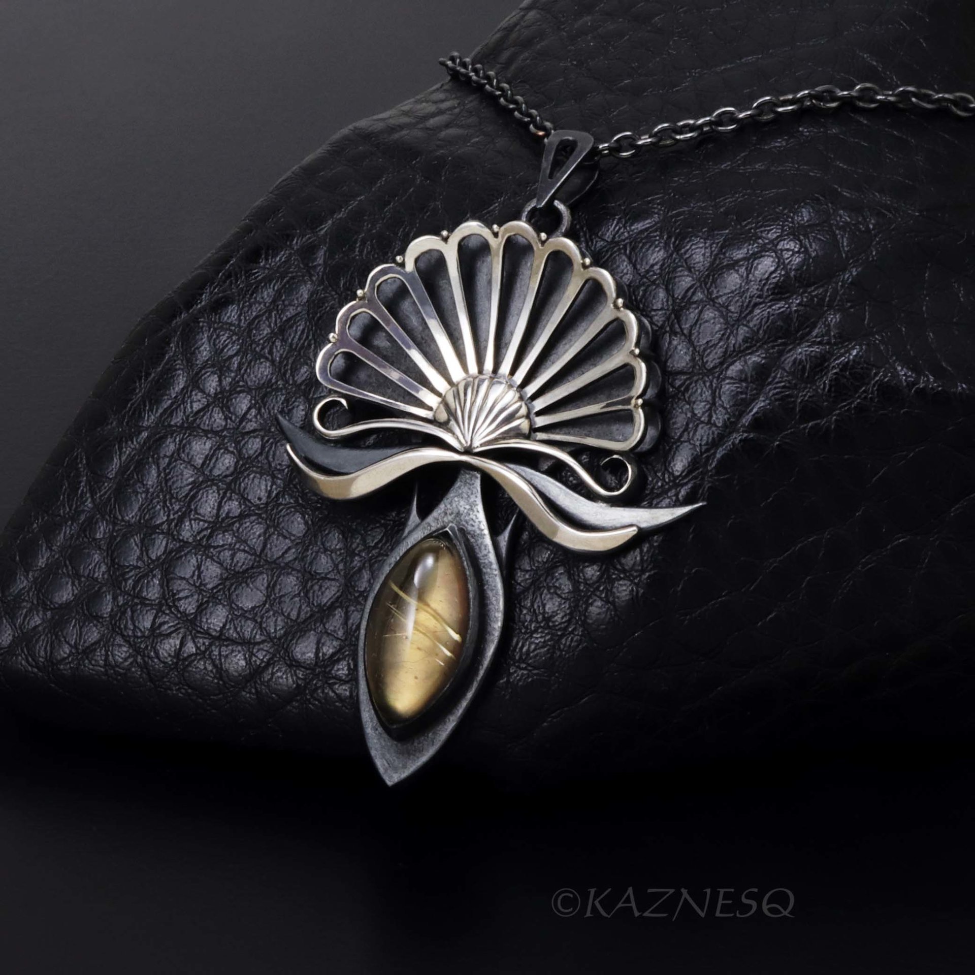 Oxidized Silver Fantasy Flower Pendant Necklace – Rutilated Quartz & Black Mother of Pearl, Handmade Art Jewelry
