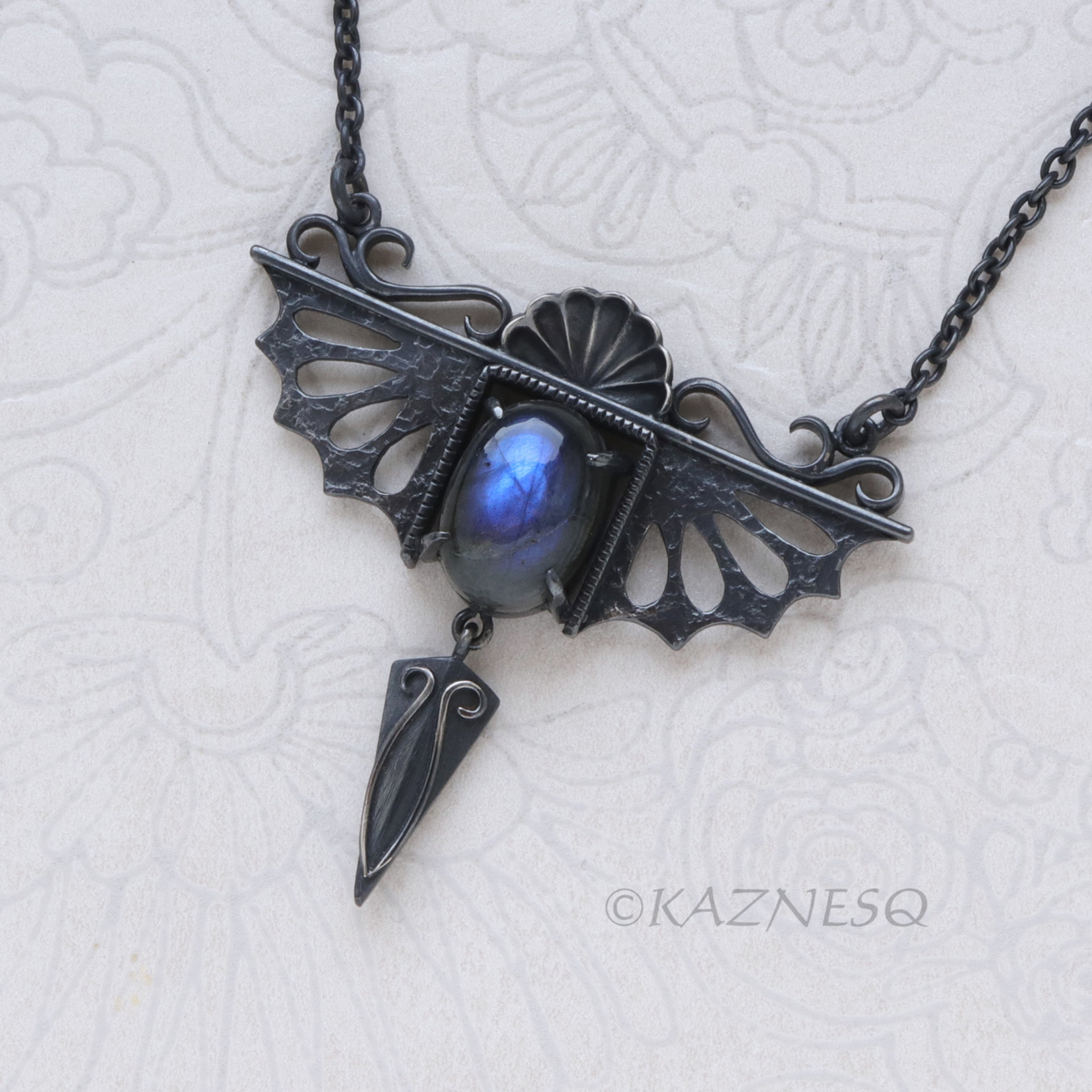 Gothic Art Nouveau Blue Labradorite Pendant Necklace - Oxidized Sterling Silver, Dragon Wing Rococo Shell