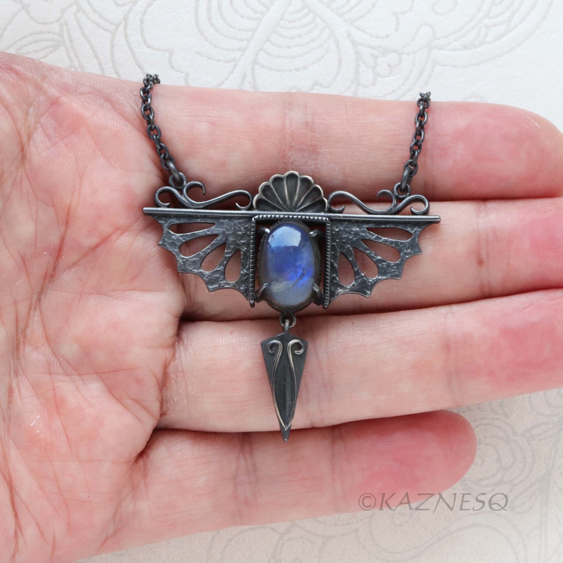 Gothic Art Nouveau Blue Labradorite Pendant Necklace - Oxidized Sterling Silver, Dragon Wing Rococo Shell