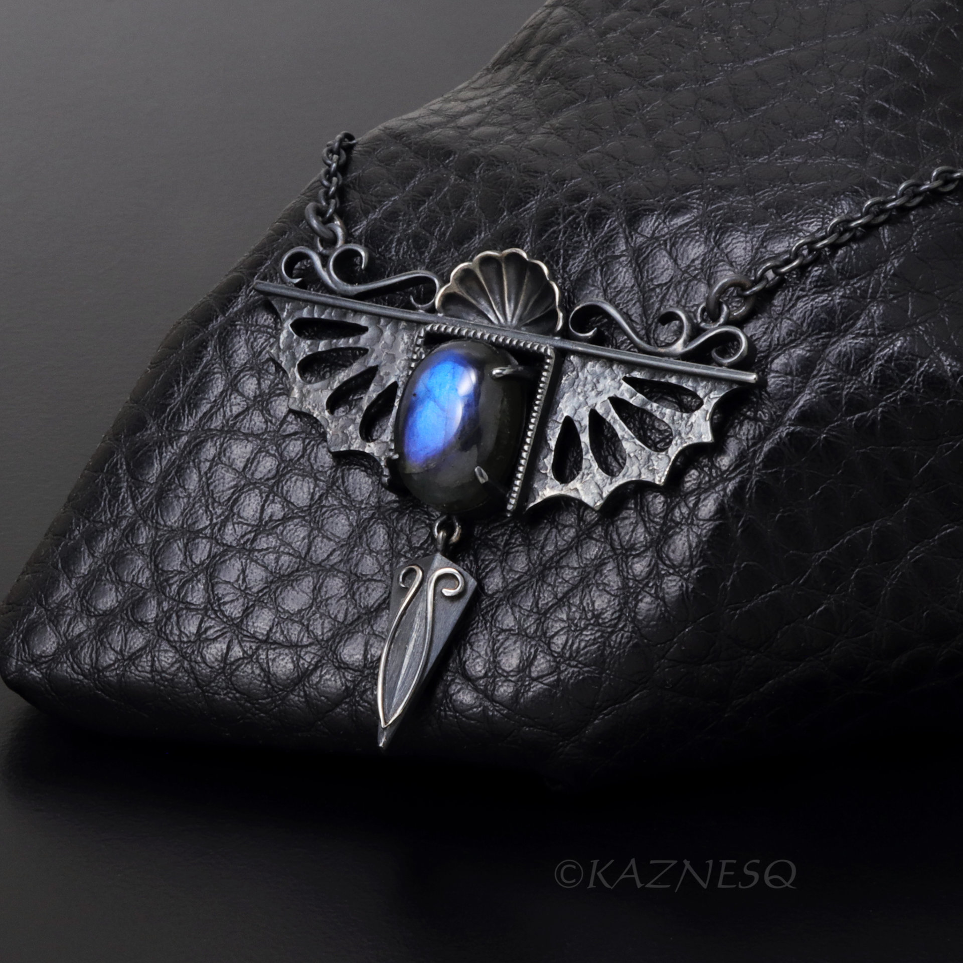 Gothic Art Nouveau Blue Labradorite Pendant Necklace - Oxidized Sterling Silver, Dragon Wing Rococo Shell