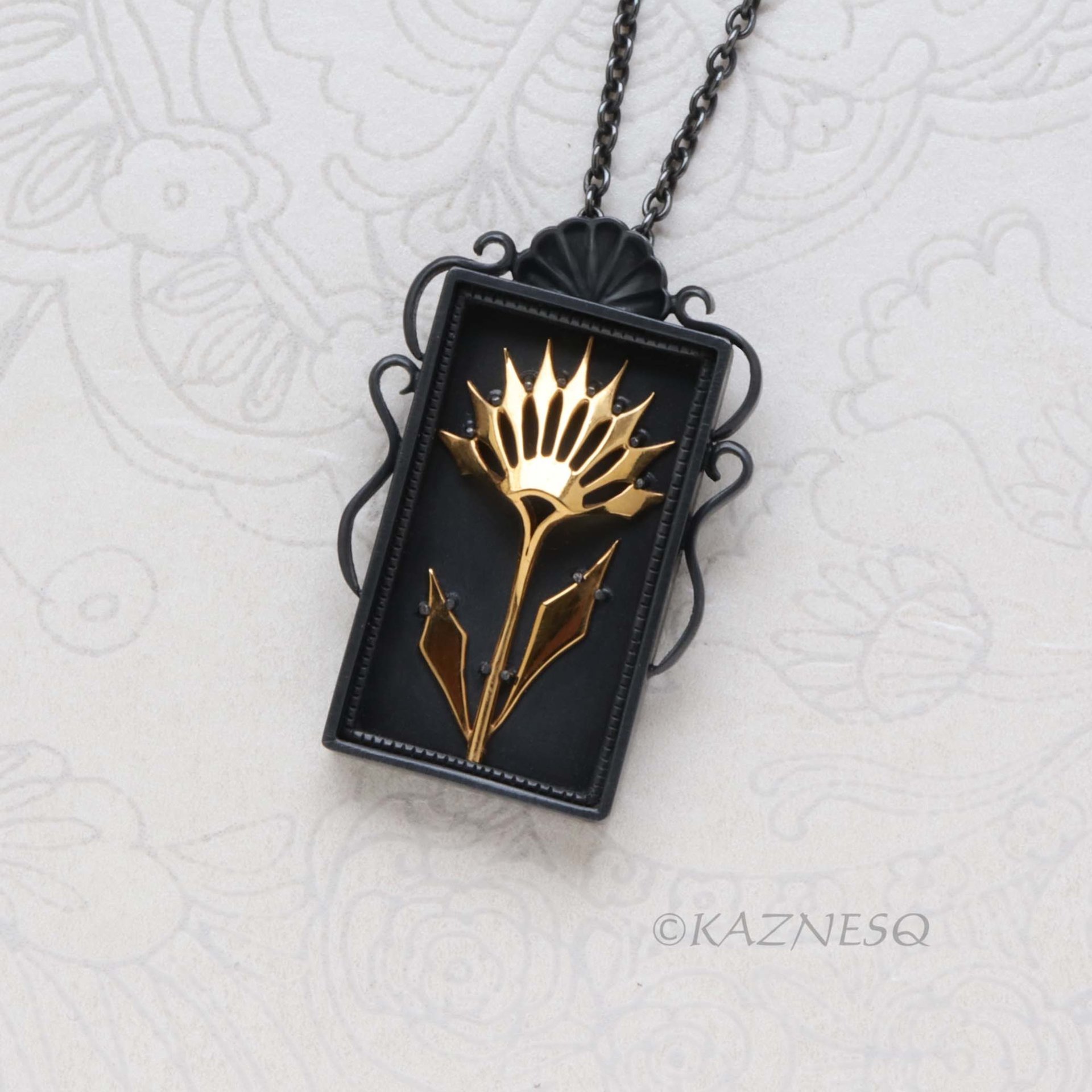 Gothic Botanical Necklace – Oxidized Silver Shadowbox Pendant with Gold Vermeil Ironpunk Flower