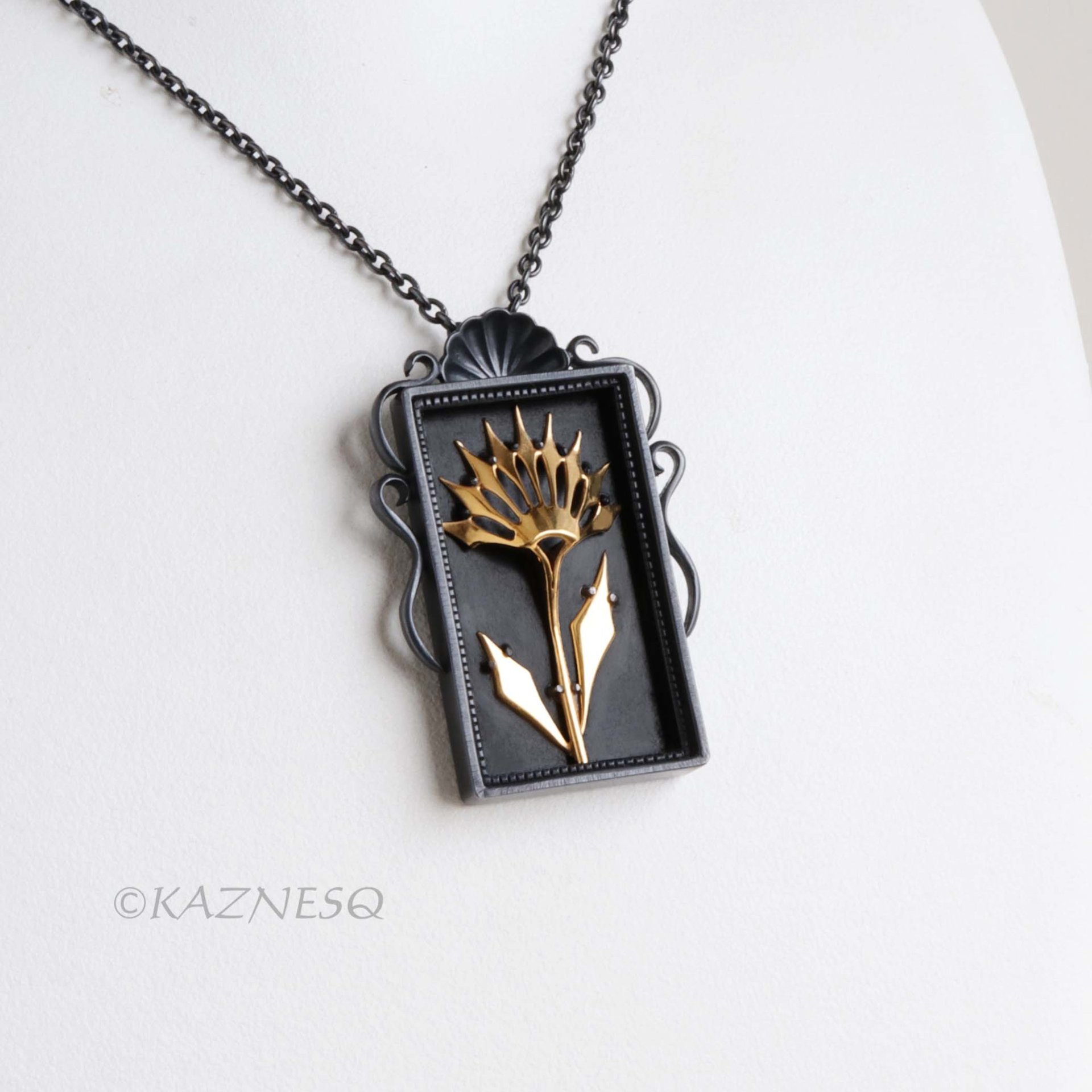 Gothic Botanical Necklace – Oxidized Silver Shadowbox Pendant with Gold Vermeil Ironpunk Flower