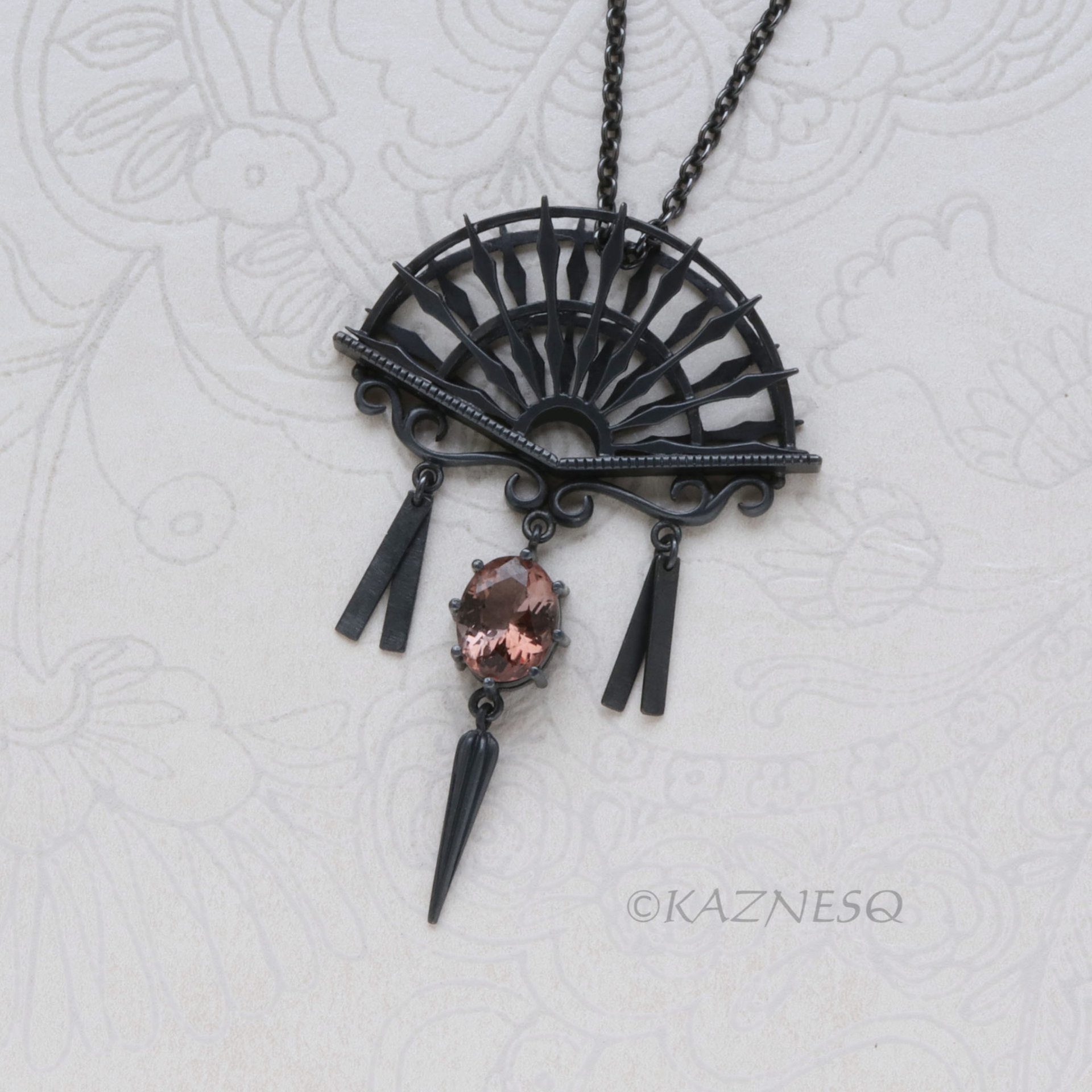 Oxidized Sterling Silver Ironpunk Fan Necklace | Handmade Gothic Pendant with Gemstone Drop