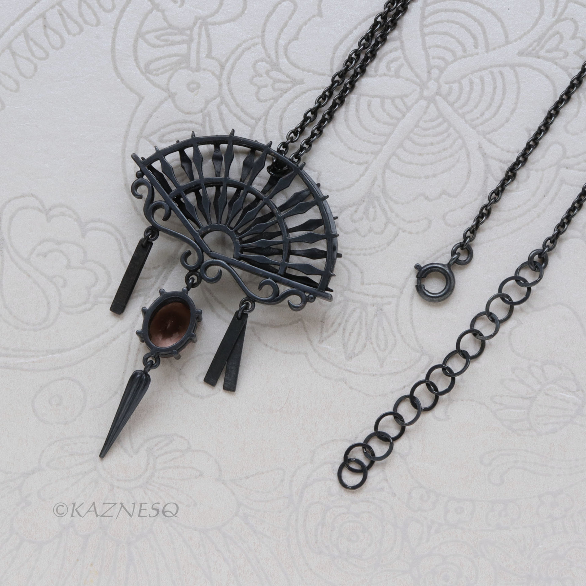 Oxidized Sterling Silver Ironpunk Fan Necklace | Handmade Gothic Pendant with Gemstone Drop