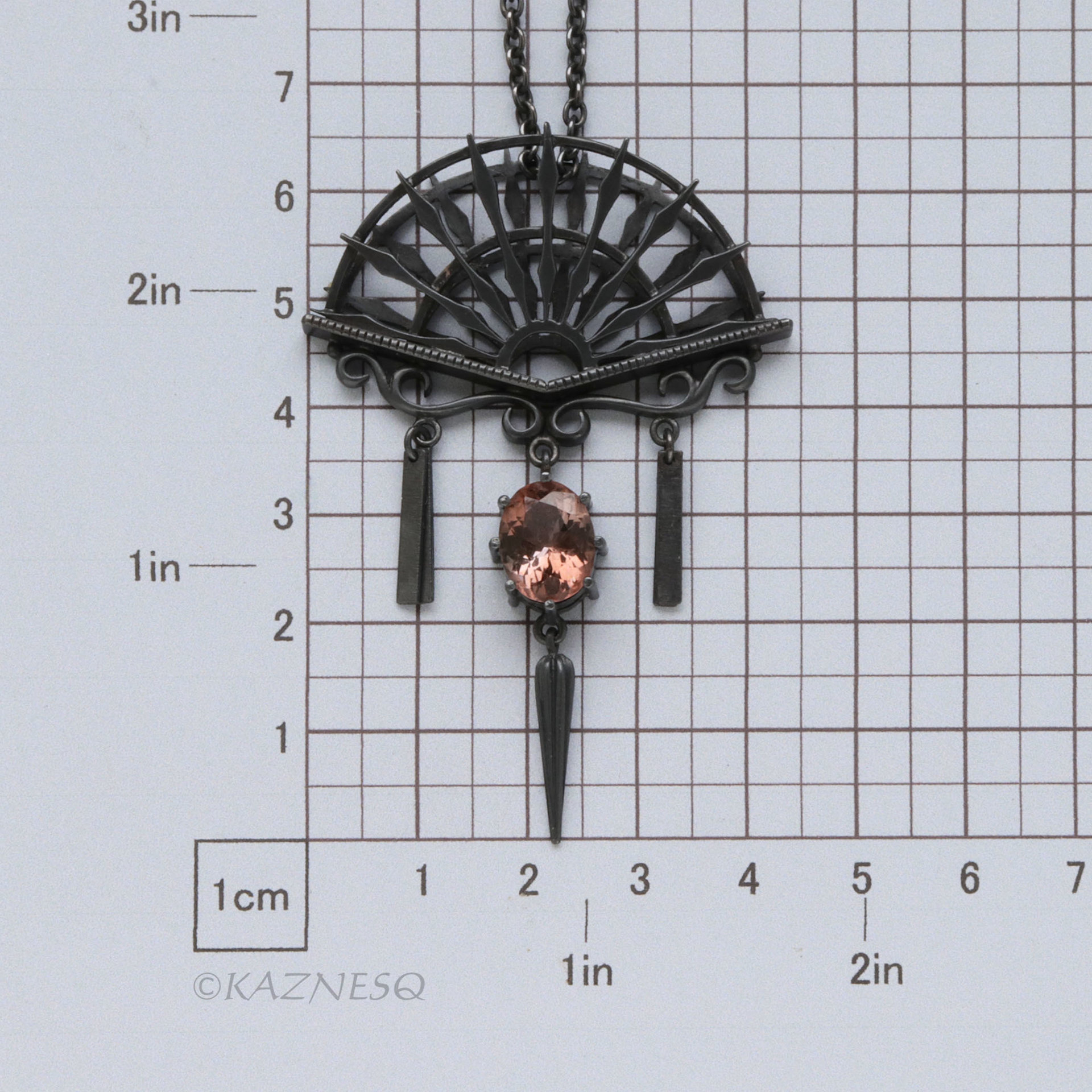 Oxidized Sterling Silver Ironpunk Fan Necklace | Handmade Gothic Pendant with Gemstone Drop