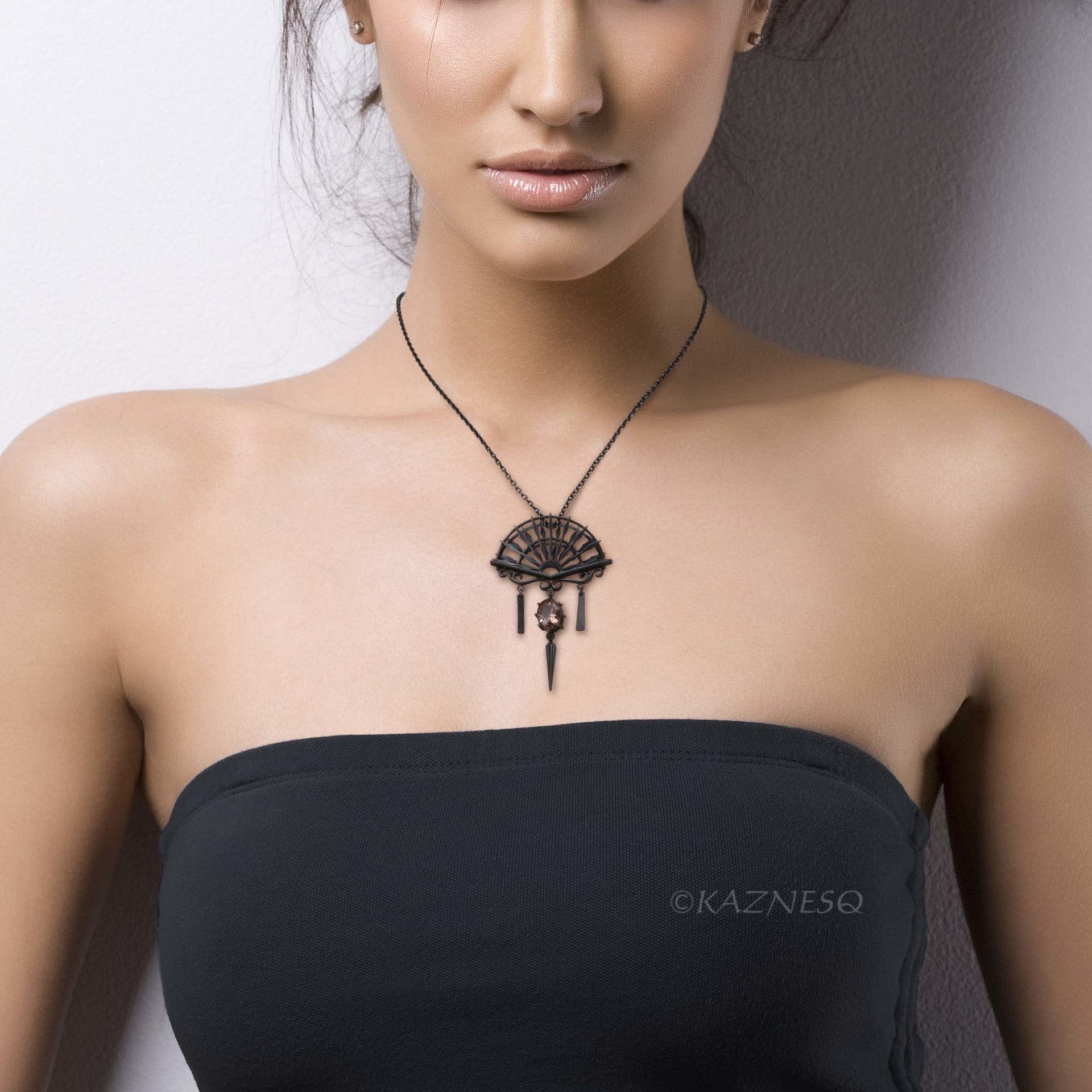 Oxidized Sterling Silver Ironpunk Fan Necklace | Handmade Gothic Pendant with Gemstone Drop