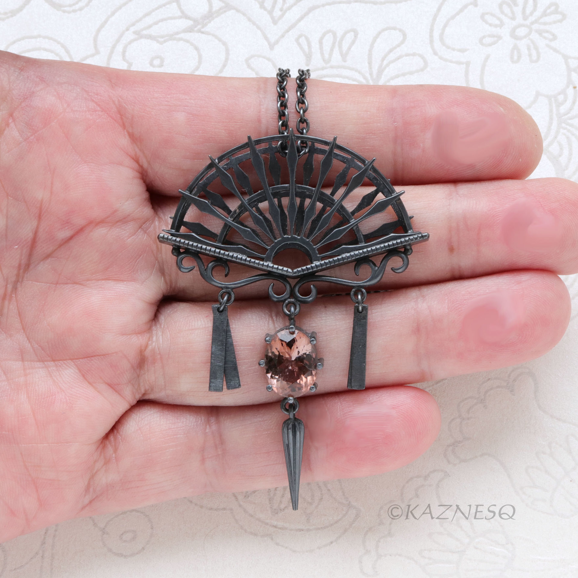 Oxidized Sterling Silver Ironpunk Fan Necklace | Handmade Gothic Pendant with Gemstone Drop