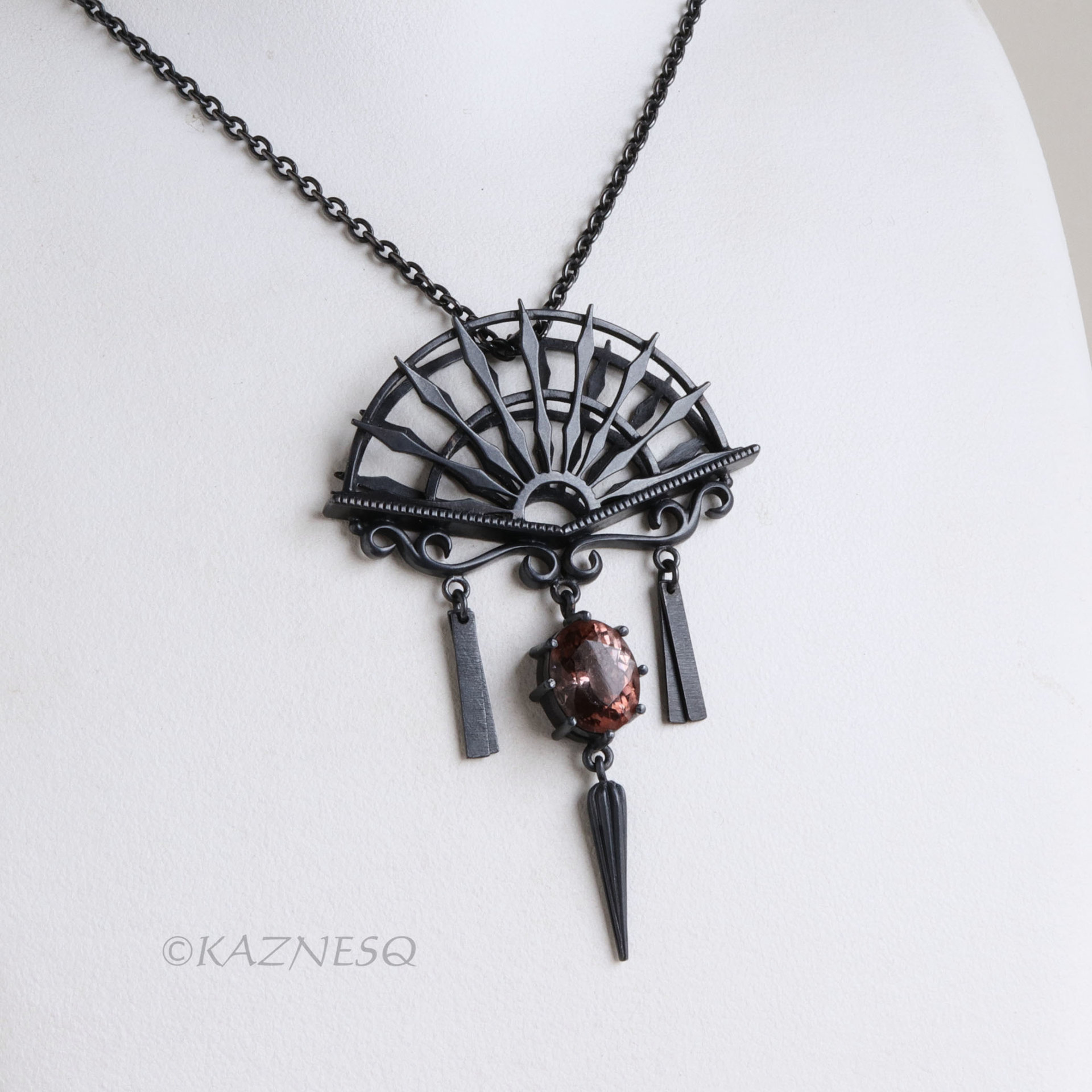 Oxidized Sterling Silver Ironpunk Fan Necklace | Handmade Gothic Pendant with Gemstone Drop