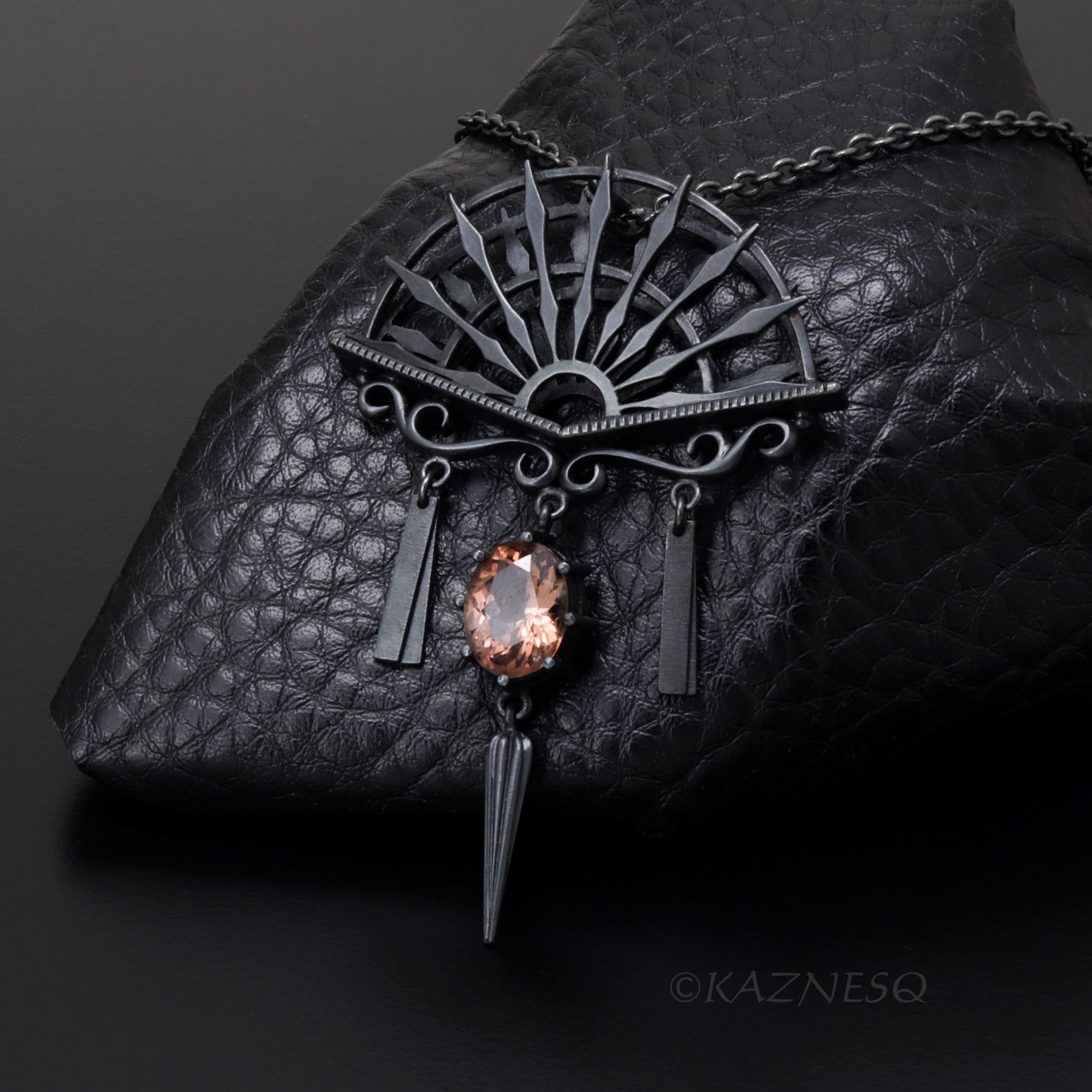 Oxidized Sterling Silver Ironpunk Fan Necklace | Handmade Gothic Pendant with Gemstone Drop