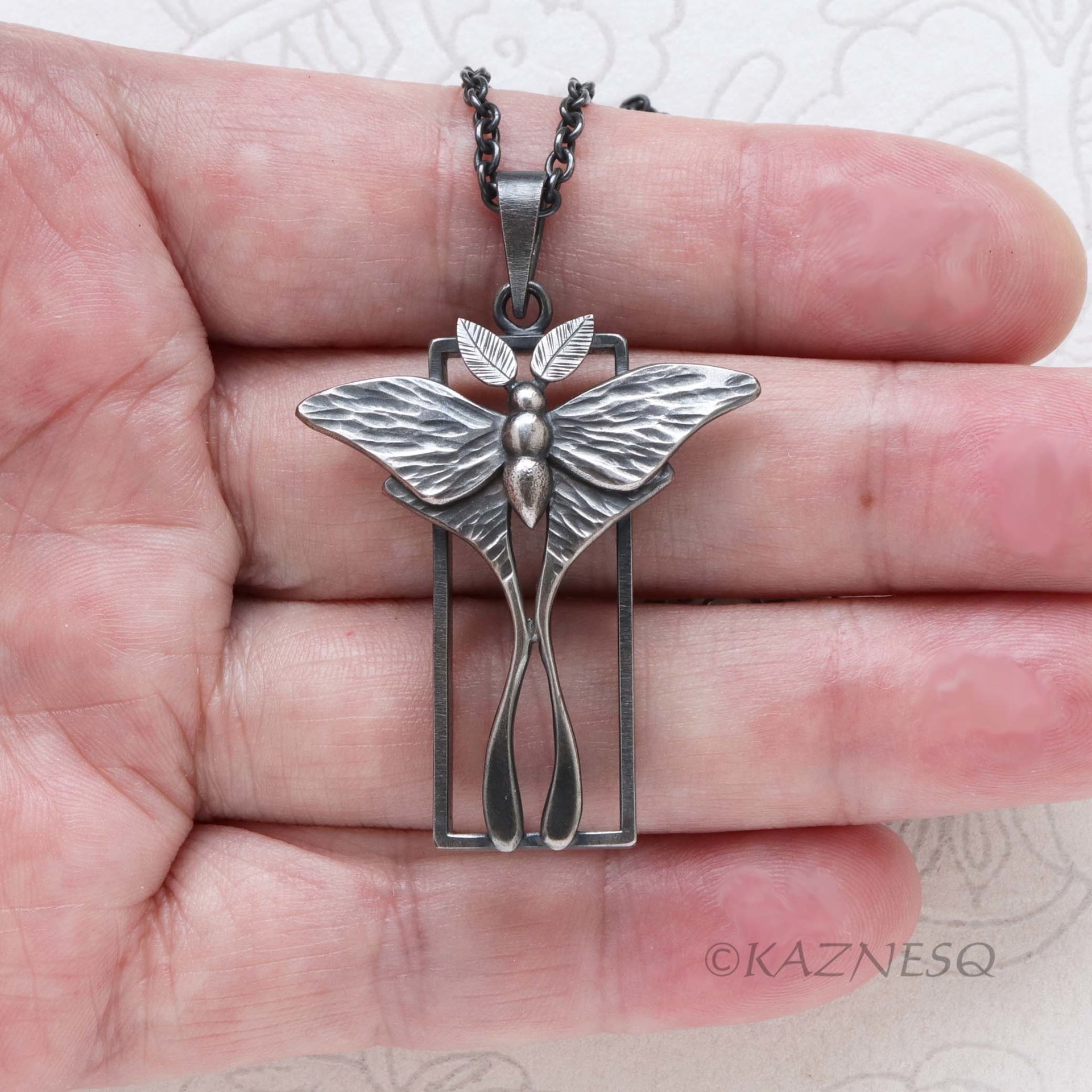 Oxidized Sterling Silver Luna Moth Necklace – Specimen Box Pendant | Artisan Jewelry