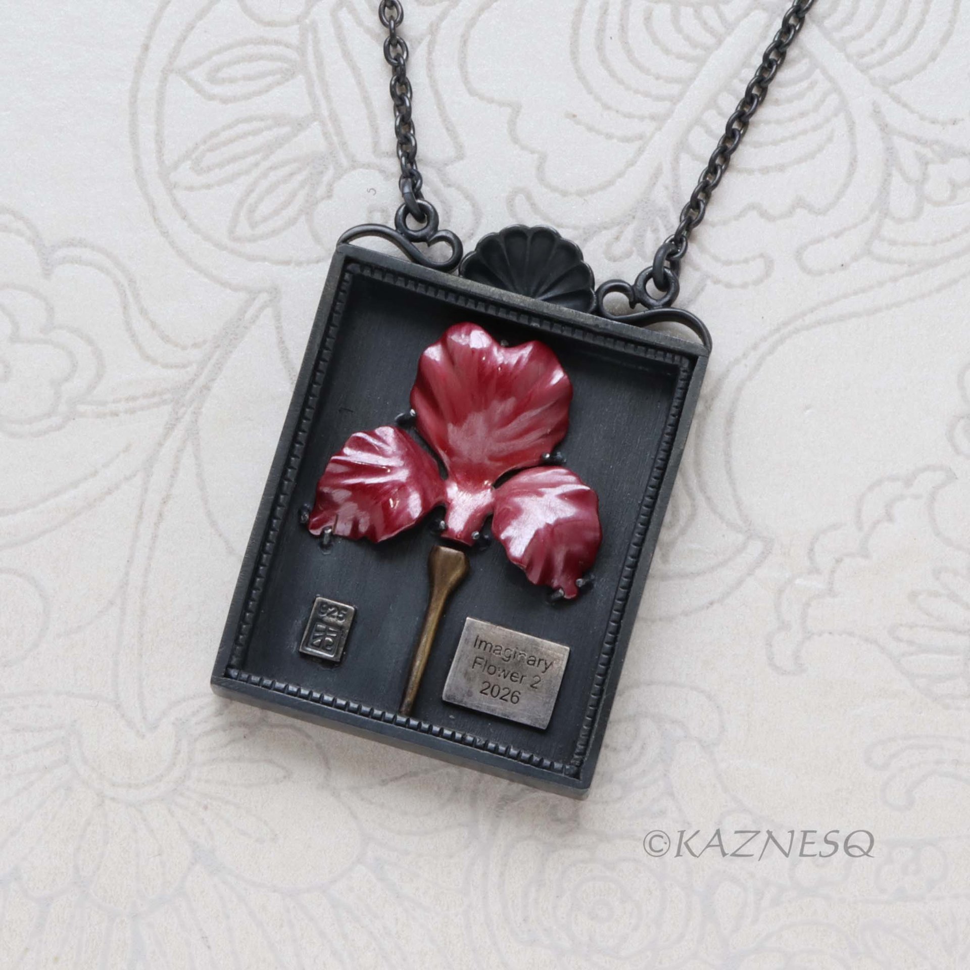 Specimen Box Necklace with Red Hido Copper Flower – Oxidized Silver Statement Jewelry