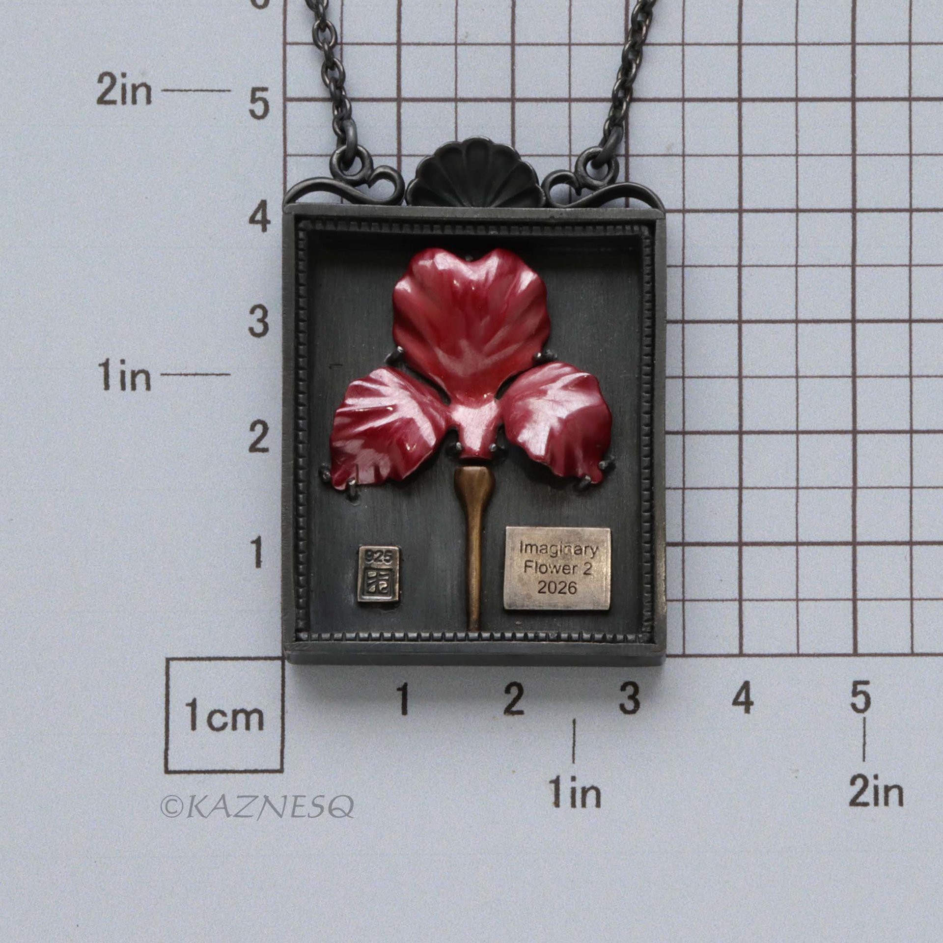 Specimen Box Necklace with Red Hido Copper Flower – Oxidized Silver Statement Jewelry