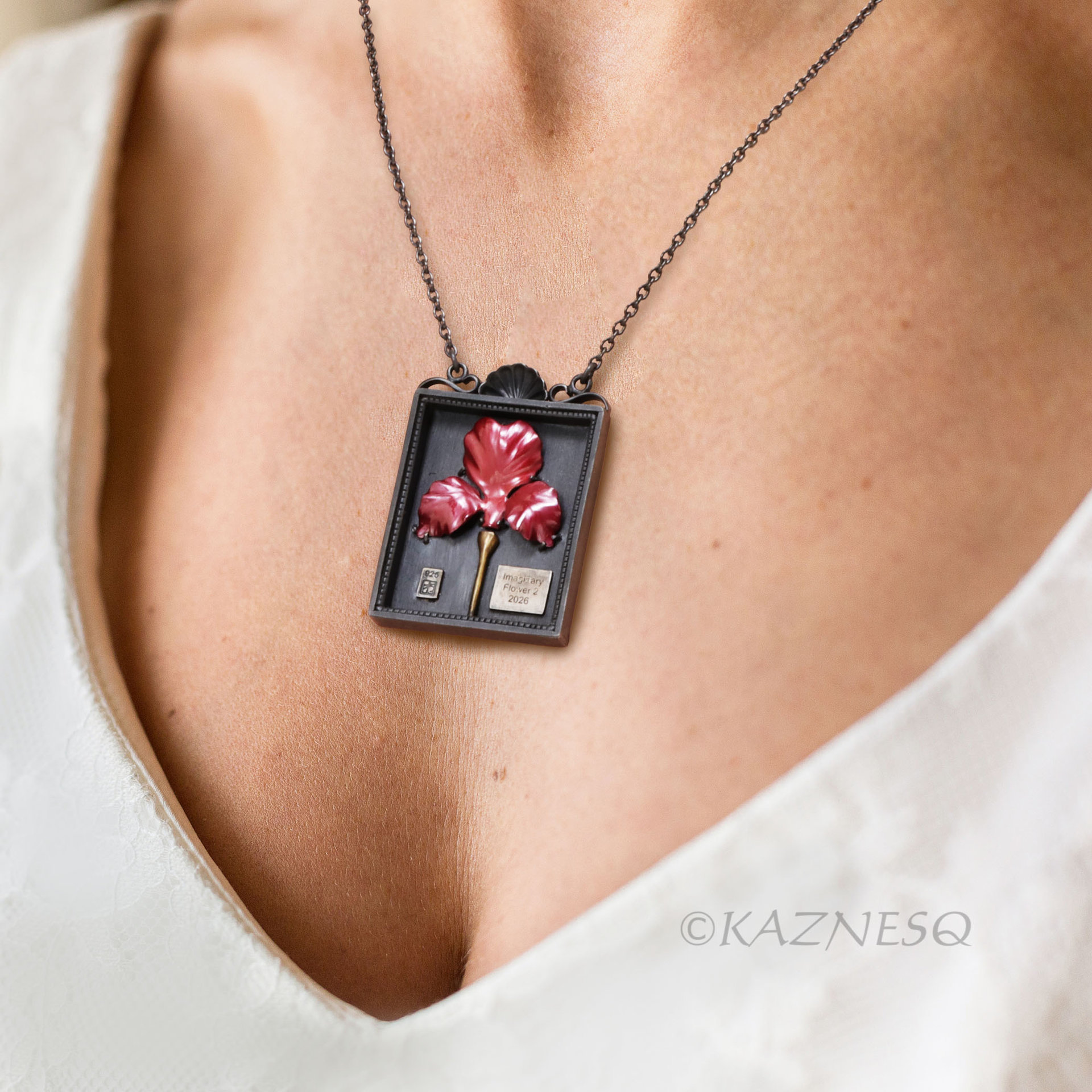 Specimen Box Necklace with Red Hido Copper Flower – Oxidized Silver Statement Jewelry