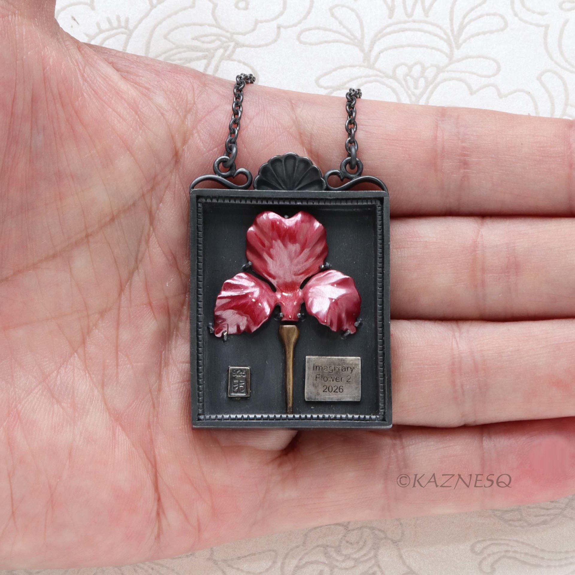 Specimen Box Necklace with Red Hido Copper Flower – Oxidized Silver Statement Jewelry