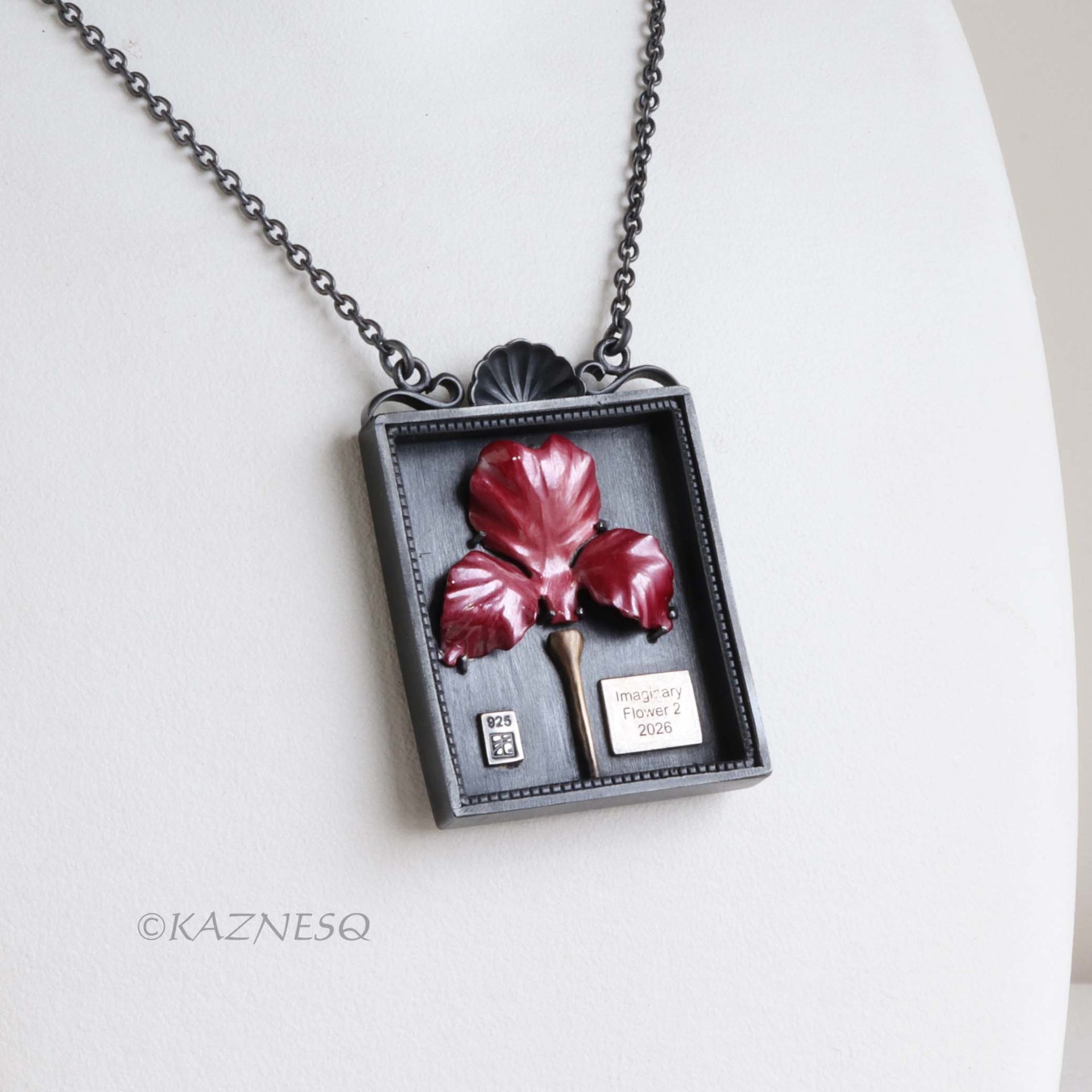 Specimen Box Necklace with Red Hido Copper Flower – Oxidized Silver Statement Jewelry