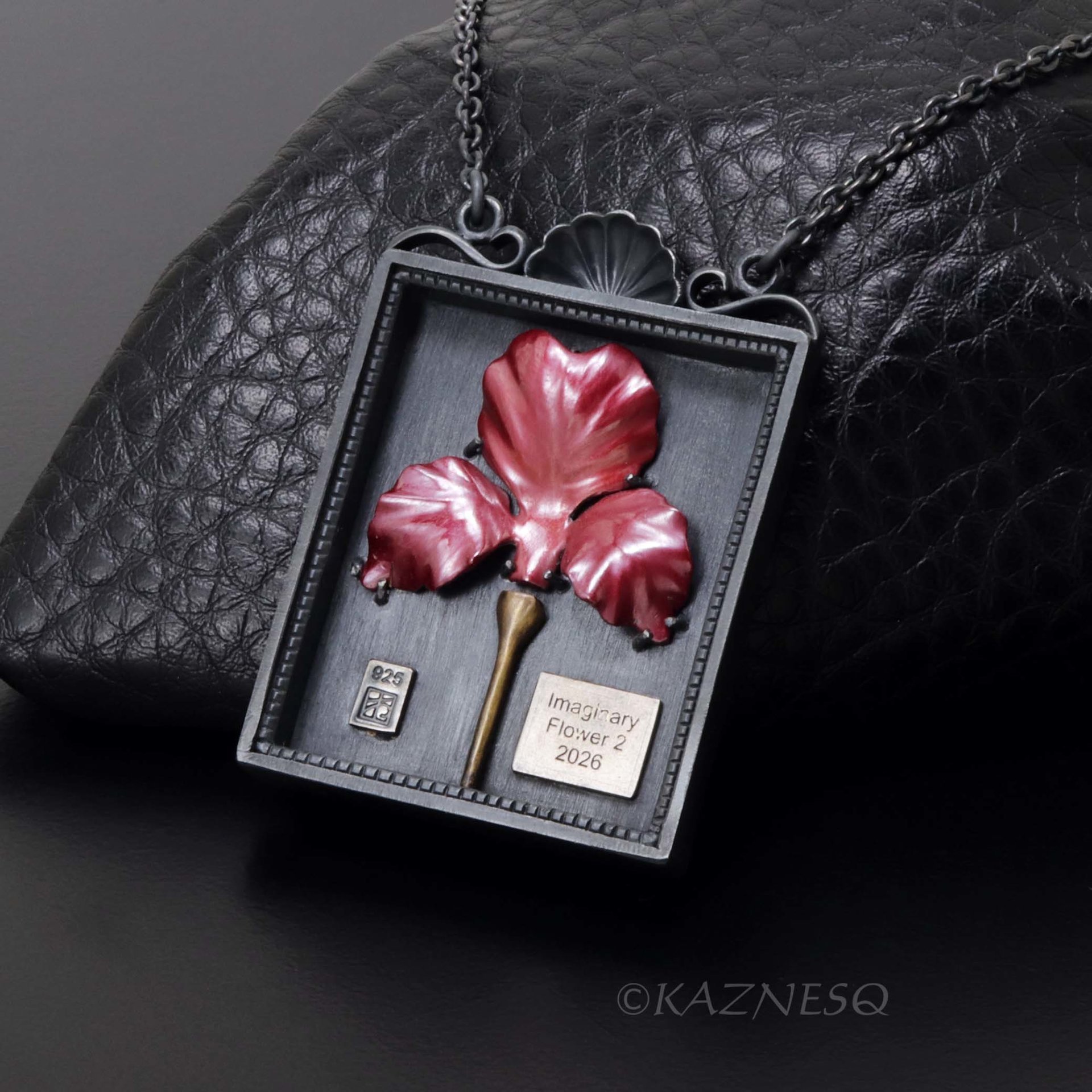 Specimen Box Necklace with Red Hido Copper Flower – Oxidized Silver Statement Jewelry