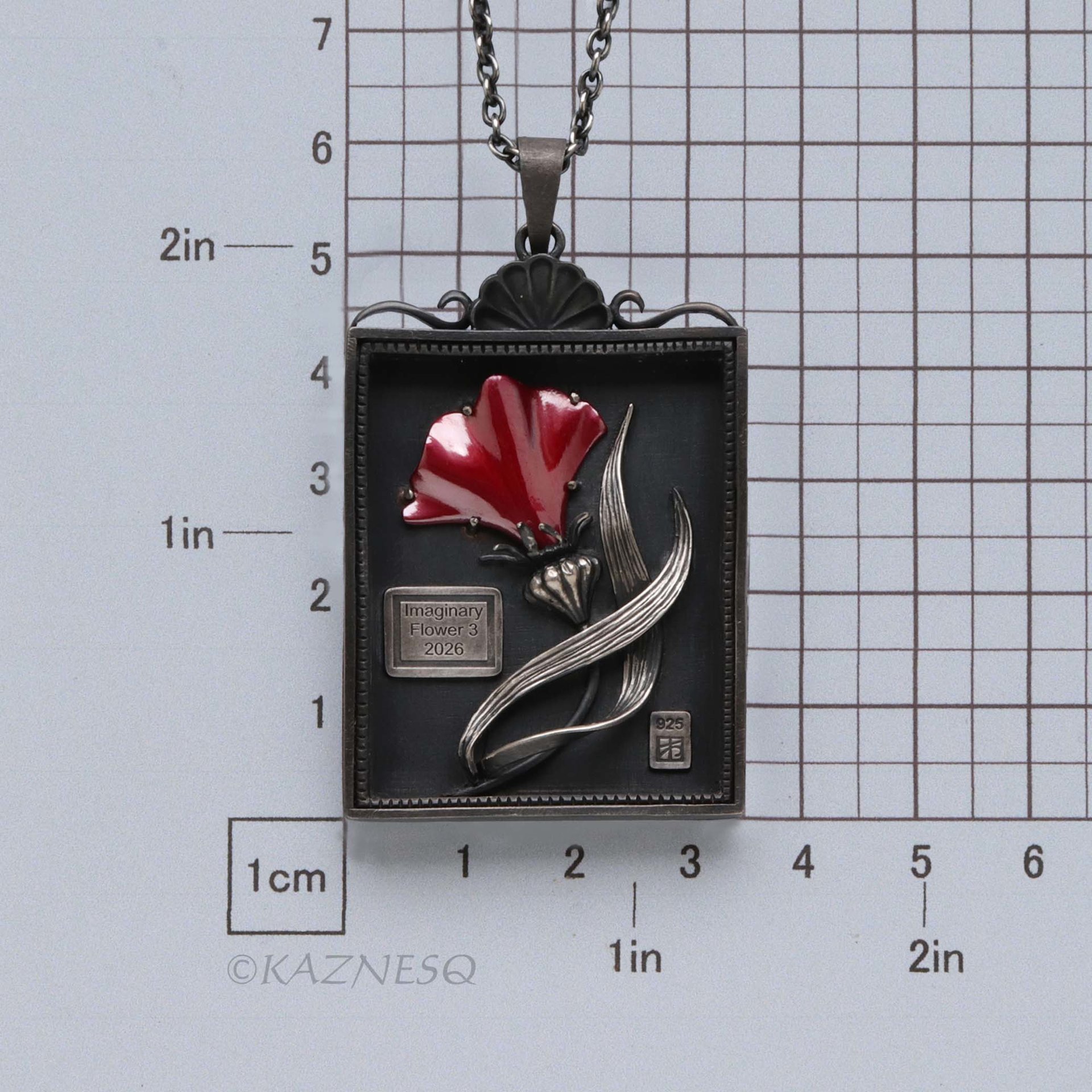 Botanical Specimen Box Pendant - Red Hido Copper Flower - Gothic Victorian Style Sterling Silver Necklace