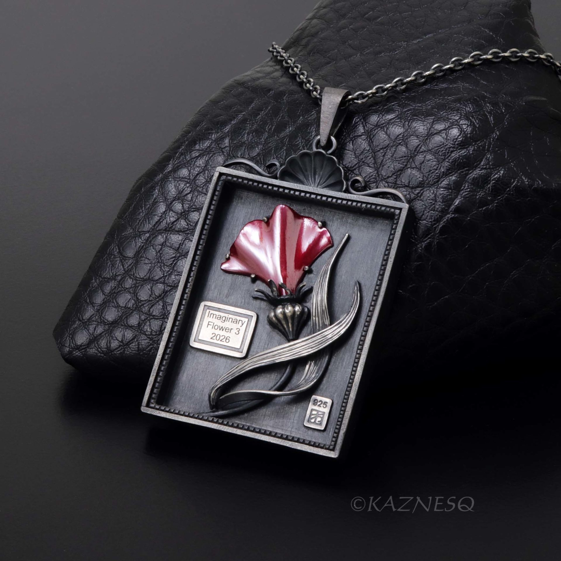 Botanical Specimen Box Pendant - Red Hido Copper Flower - Gothic Victorian Style Sterling Silver Necklace