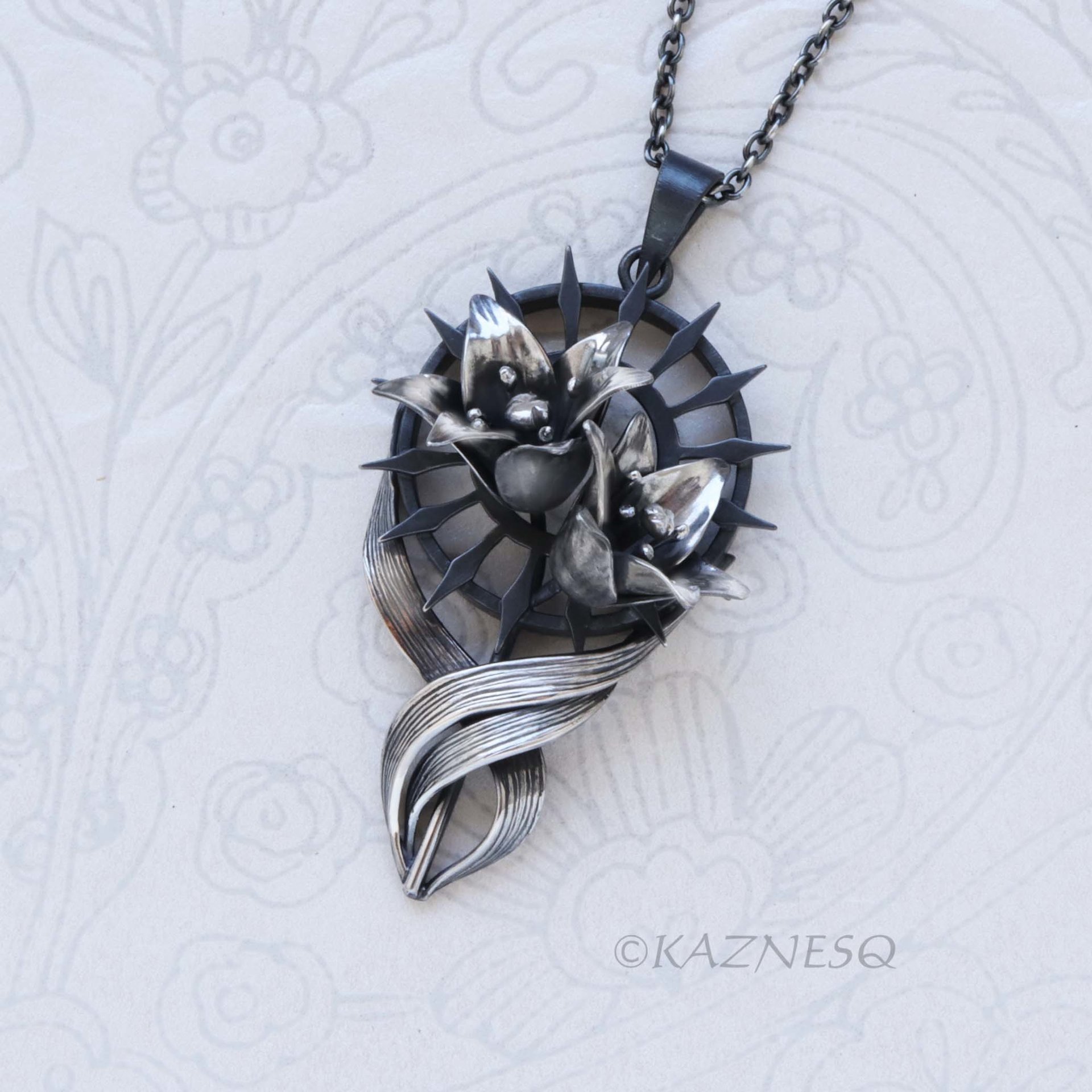 Gothic Lily Pendant Necklace Oxidized Silver Handmade Ironpunk Dark Floral Statement Jewelry