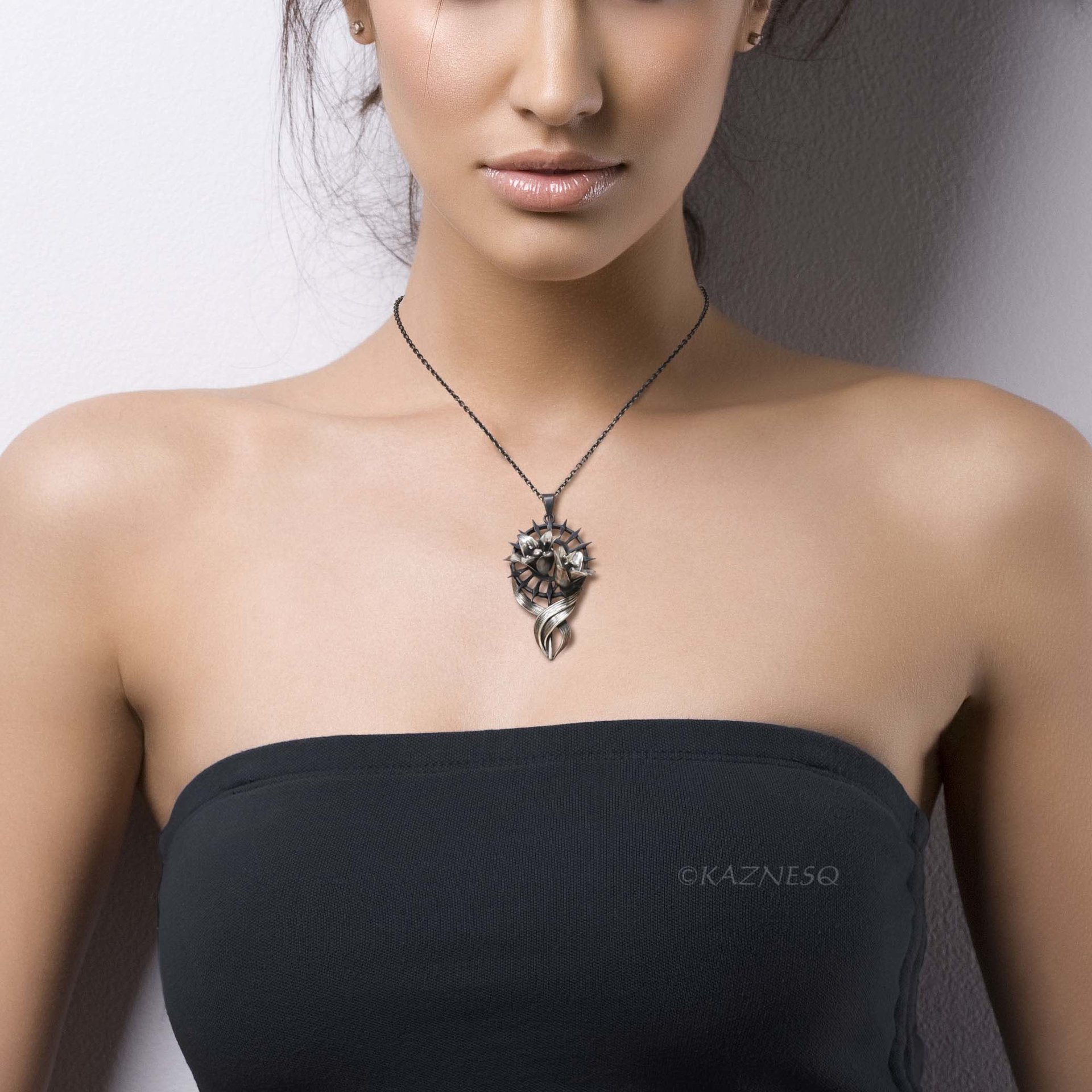 Gothic Lily Pendant Necklace Oxidized Silver Handmade Ironpunk Dark Floral Statement Jewelry