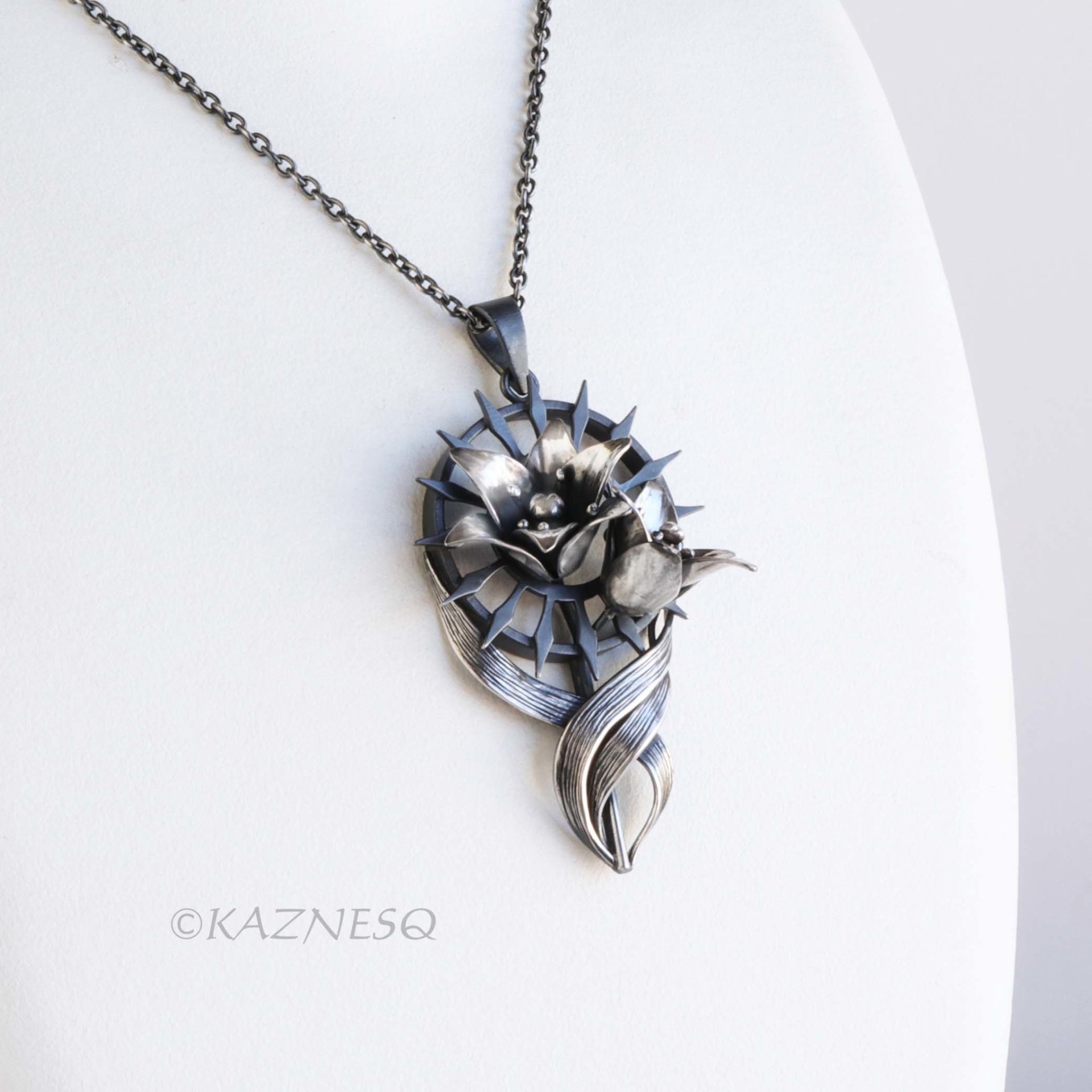 Gothic Lily Pendant Necklace Oxidized Silver Handmade Ironpunk Dark Floral Statement Jewelry