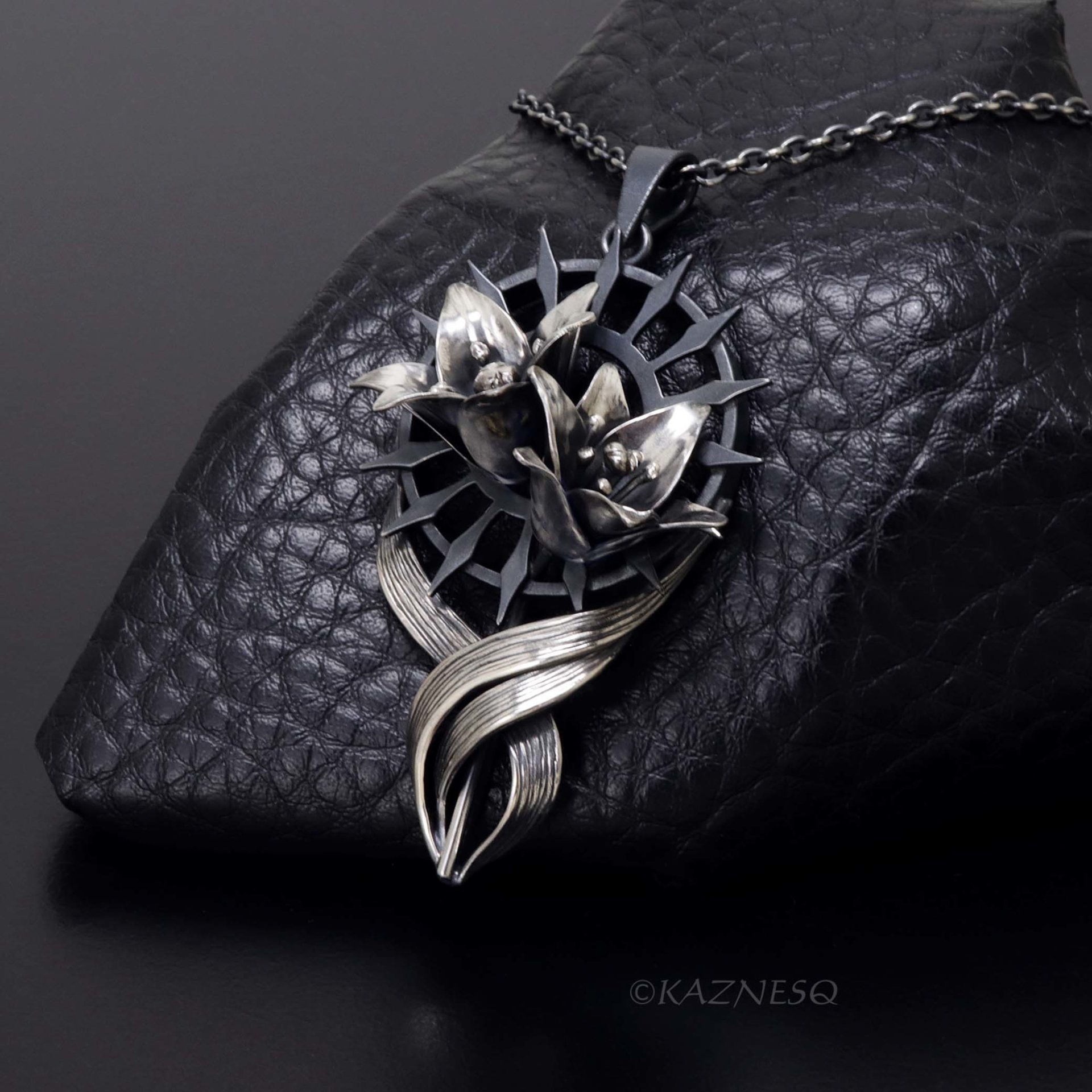 Gothic Lily Pendant Necklace Oxidized Silver Handmade Ironpunk Dark Floral Statement Jewelry