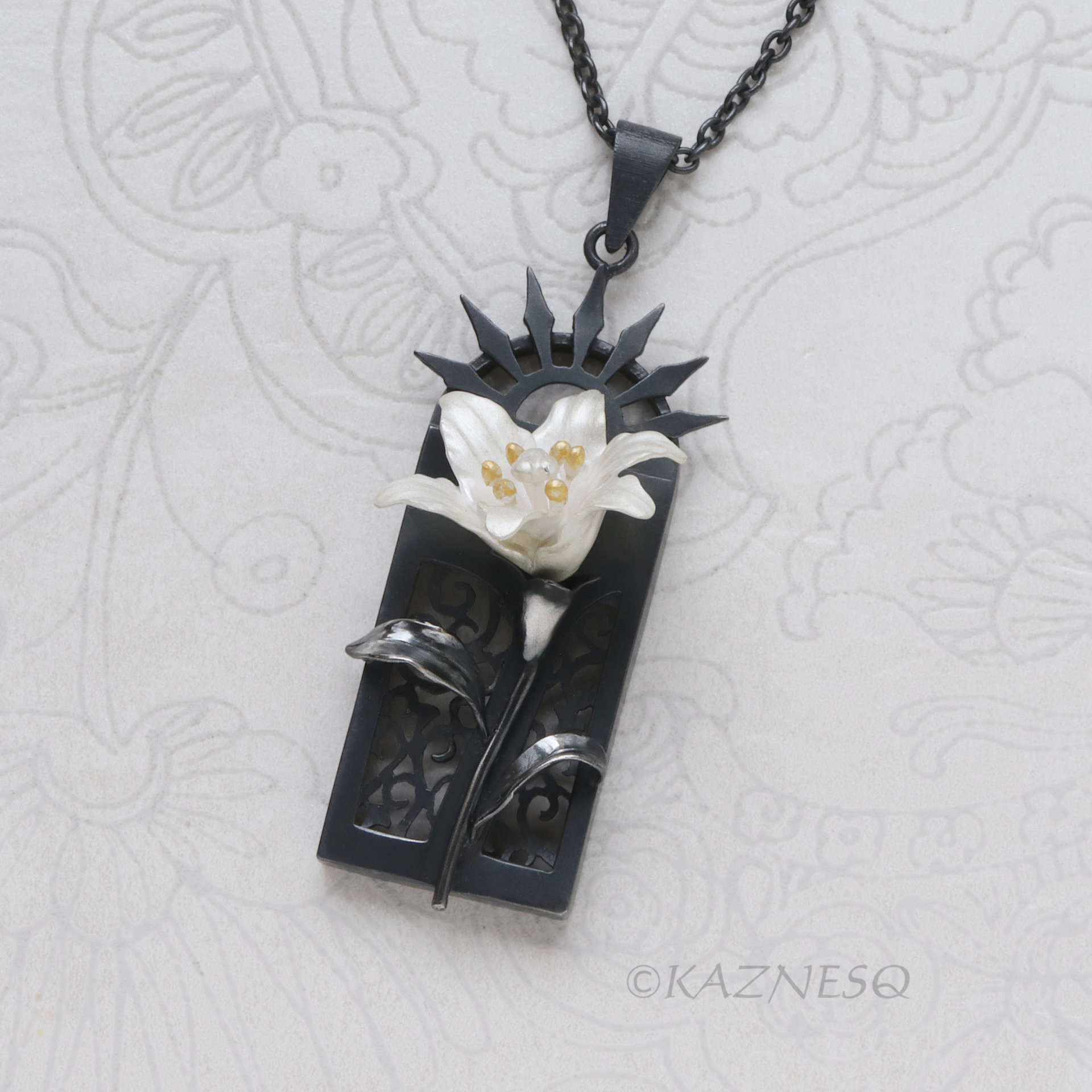 White Lily Flower Pendant Necklace Oxidized Sterling Silver Gothic Ironpunk wearable art Statement Jewelry