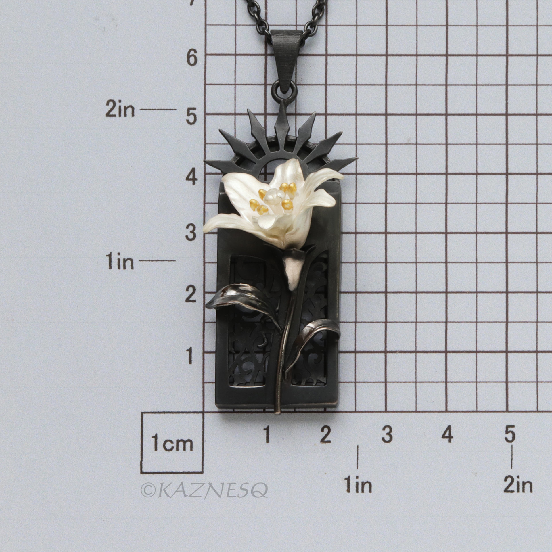 White Lily Flower Pendant Necklace Oxidized Sterling Silver Gothic Ironpunk wearable art Statement Jewelry