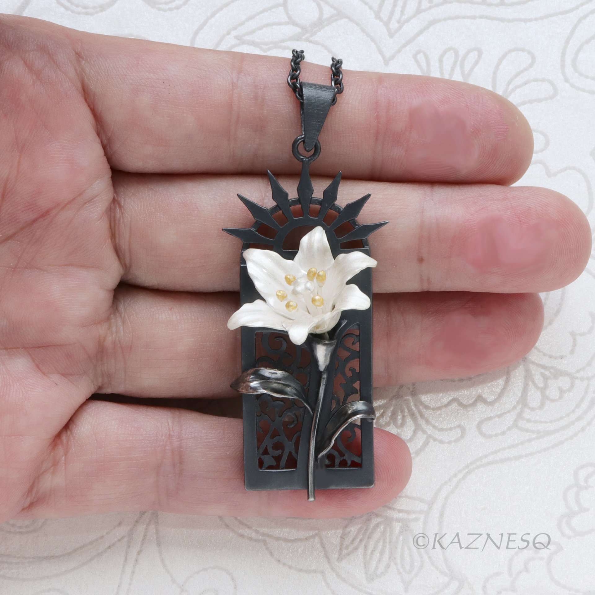 White Lily Flower Pendant Necklace Oxidized Sterling Silver Gothic Ironpunk wearable art Statement Jewelry