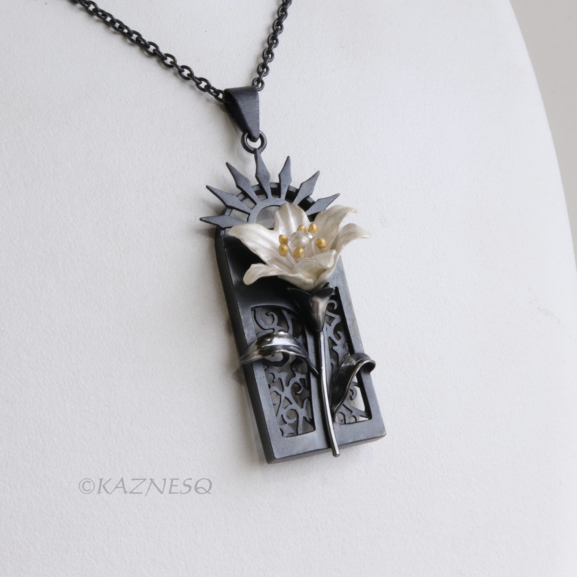 White Lily Flower Pendant Necklace Oxidized Sterling Silver Gothic Ironpunk wearable art Statement Jewelry