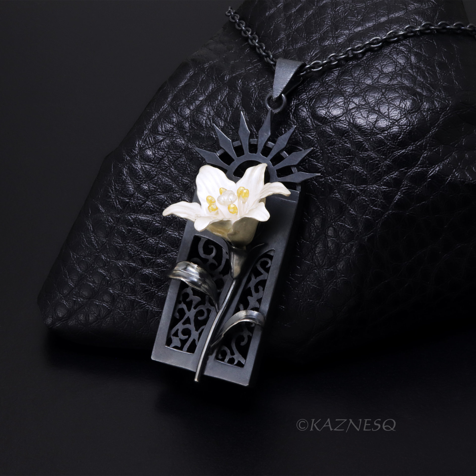 White Lily Flower Pendant Necklace Oxidized Sterling Silver Gothic Ironpunk wearable art Statement Jewelry