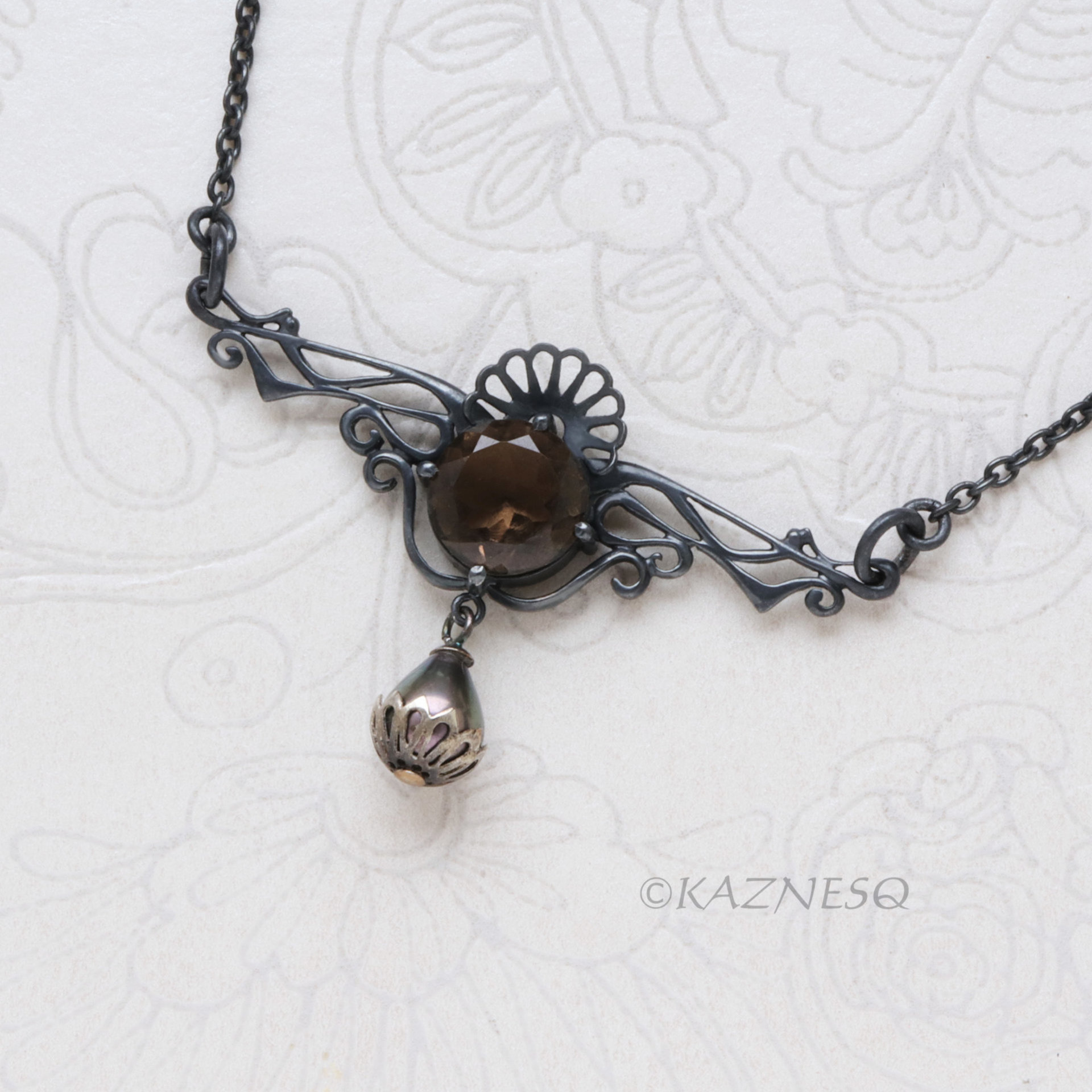 Smoky Quartz Necklace, Gothic Art Nouveau Oxidized Silver, Freshwater Pearl Drop, Dark Statement Jewelry