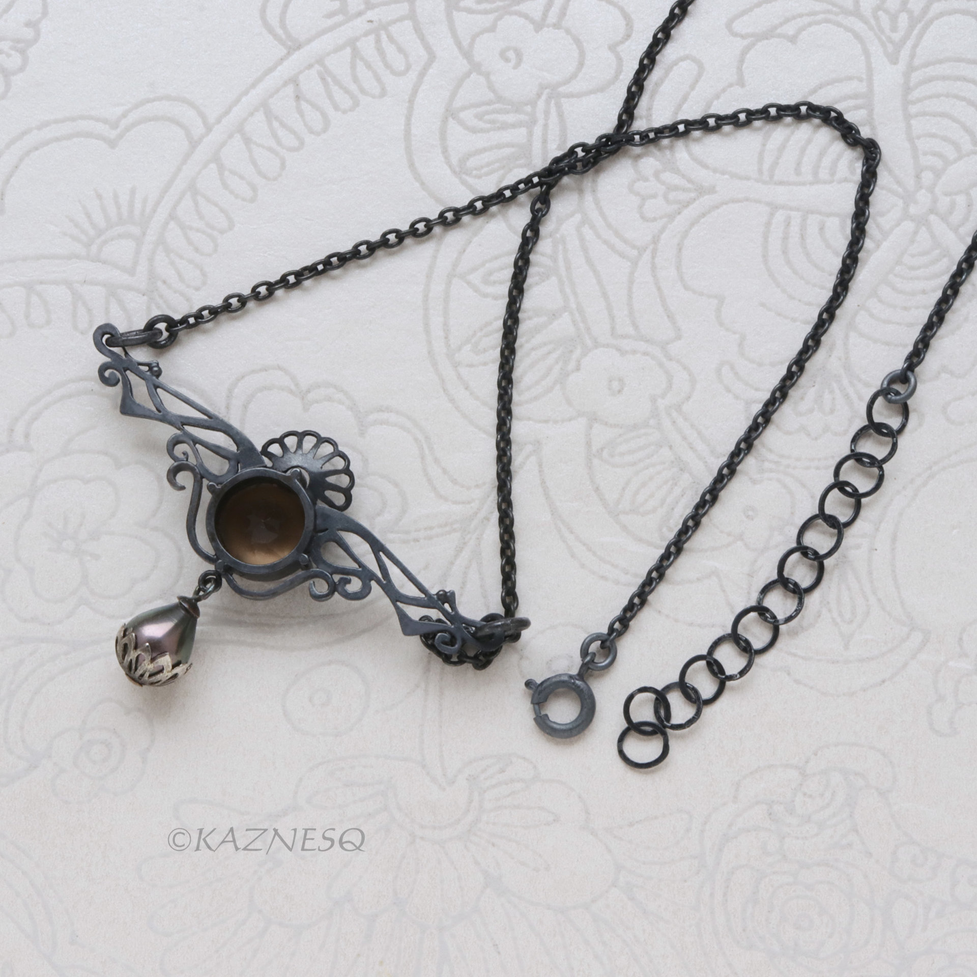 Smoky Quartz Necklace, Gothic Art Nouveau Oxidized Silver, Freshwater Pearl Drop, Dark Statement Jewelry