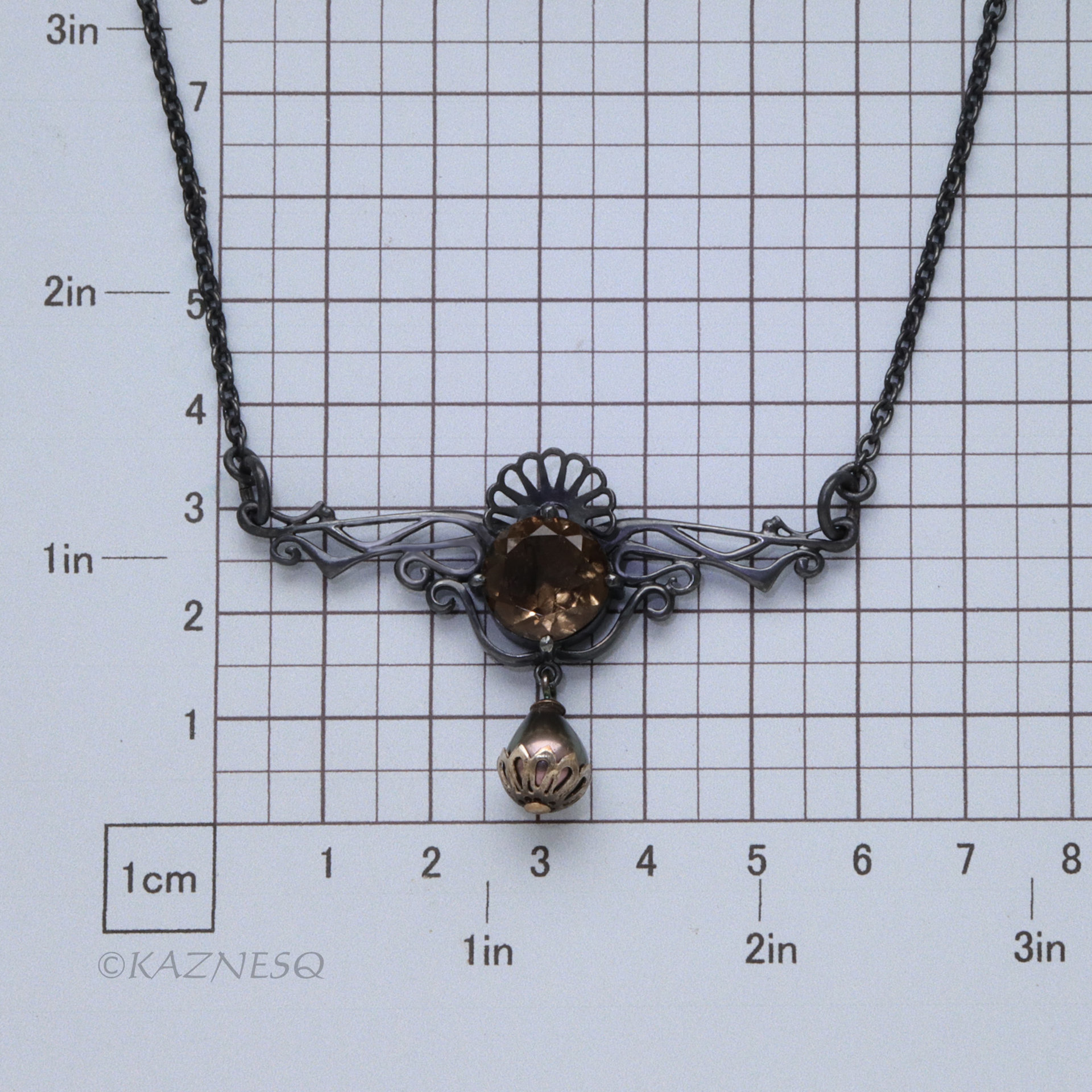 Smoky Quartz Necklace, Gothic Art Nouveau Oxidized Silver, Freshwater Pearl Drop, Dark Statement Jewelry