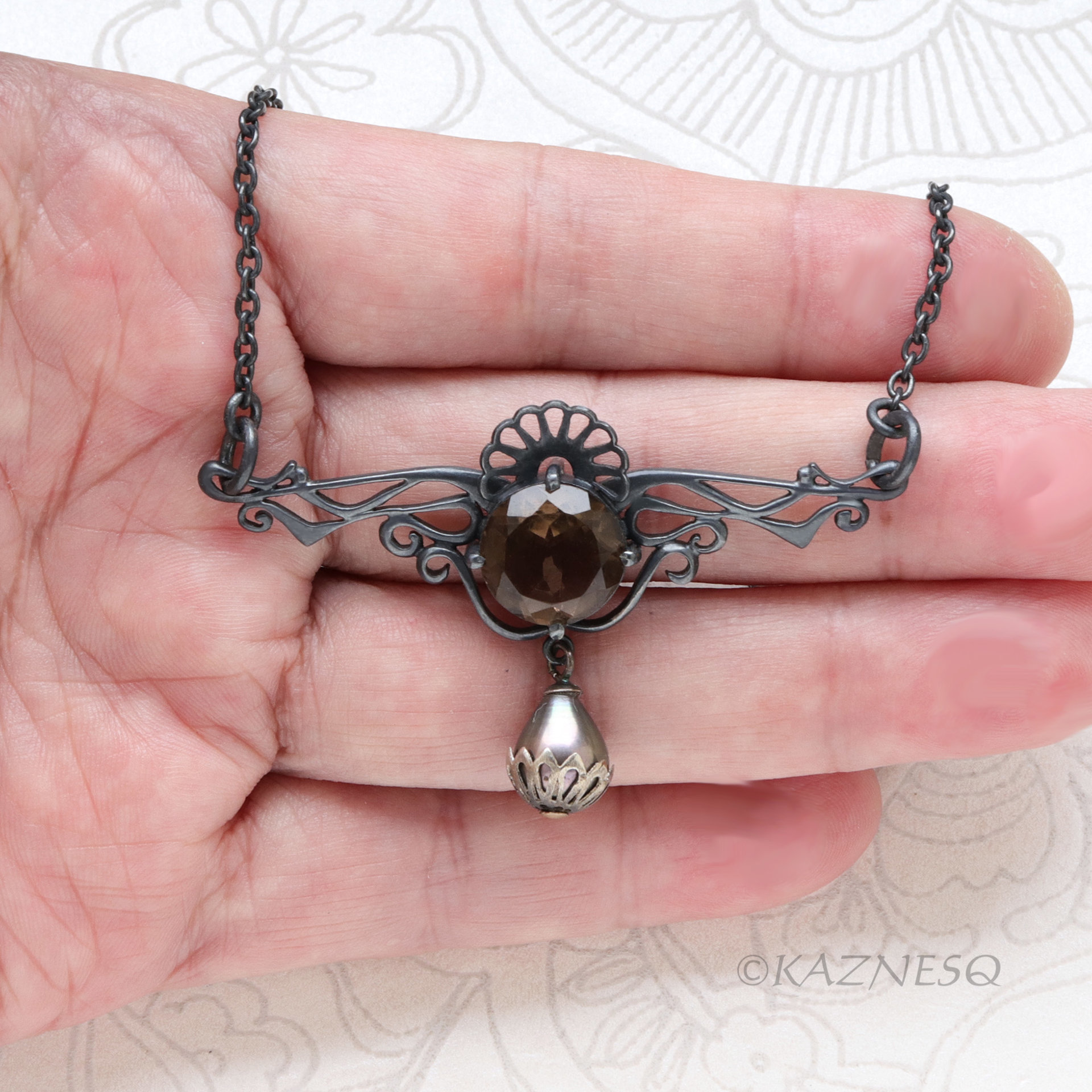 Smoky Quartz Necklace, Gothic Art Nouveau Oxidized Silver, Freshwater Pearl Drop, Dark Statement Jewelry