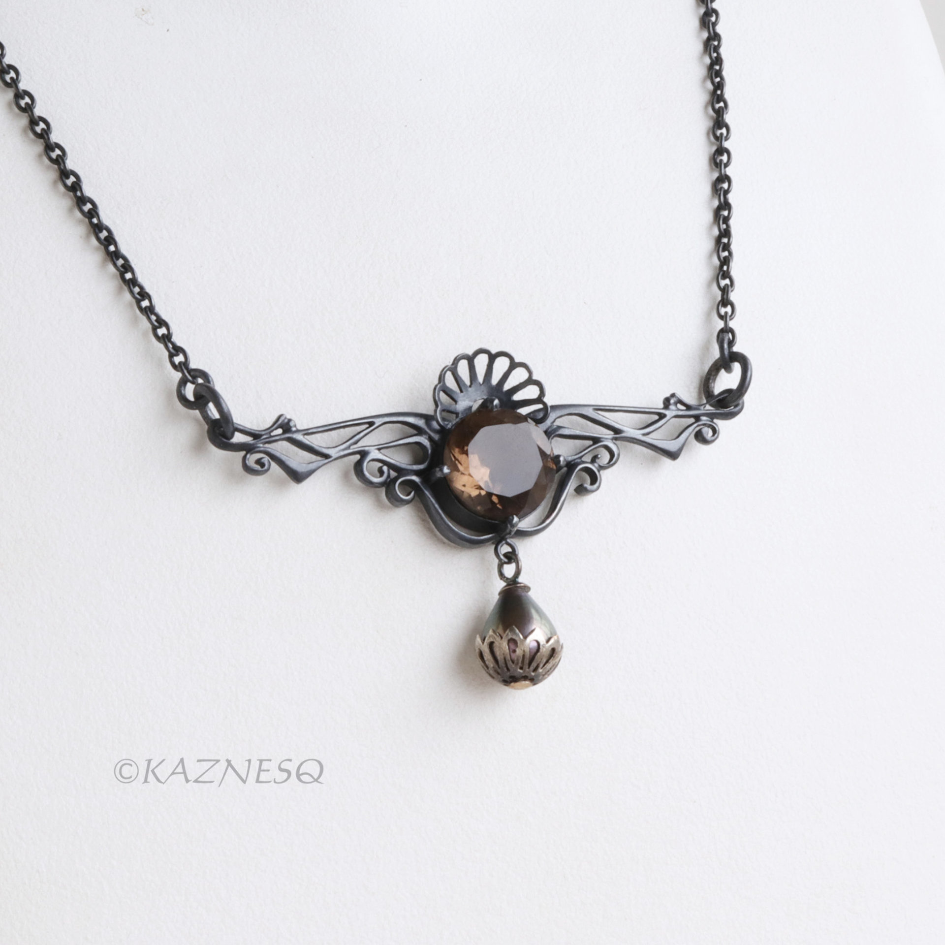 Smoky Quartz Necklace, Gothic Art Nouveau Oxidized Silver, Freshwater Pearl Drop, Dark Statement Jewelry