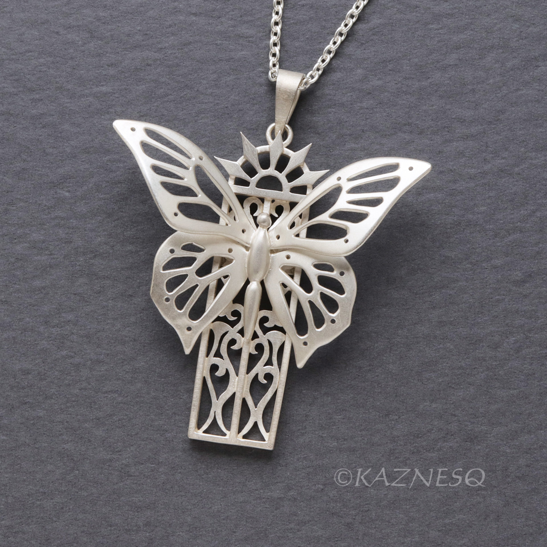 Sterling Silver Butterfly Necklace, Hand Pierced Swallowtail Pendant, Art Nouveau Gothic Jewelry, Matte Statement Necklace