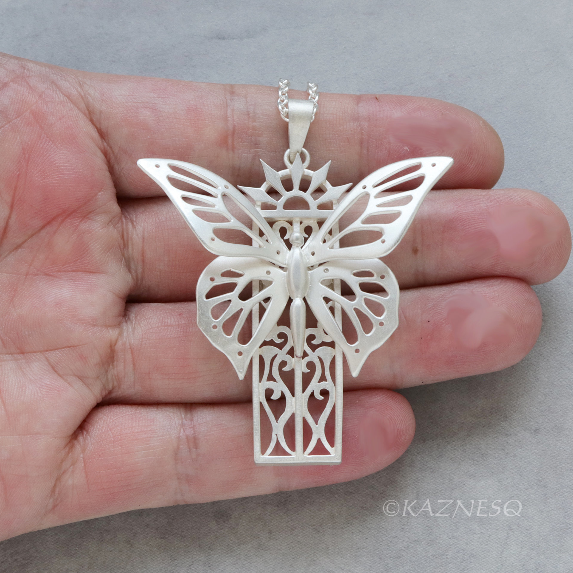Sterling Silver Butterfly Necklace, Hand Pierced Swallowtail Pendant, Art Nouveau Gothic Jewelry, Matte Statement Necklace