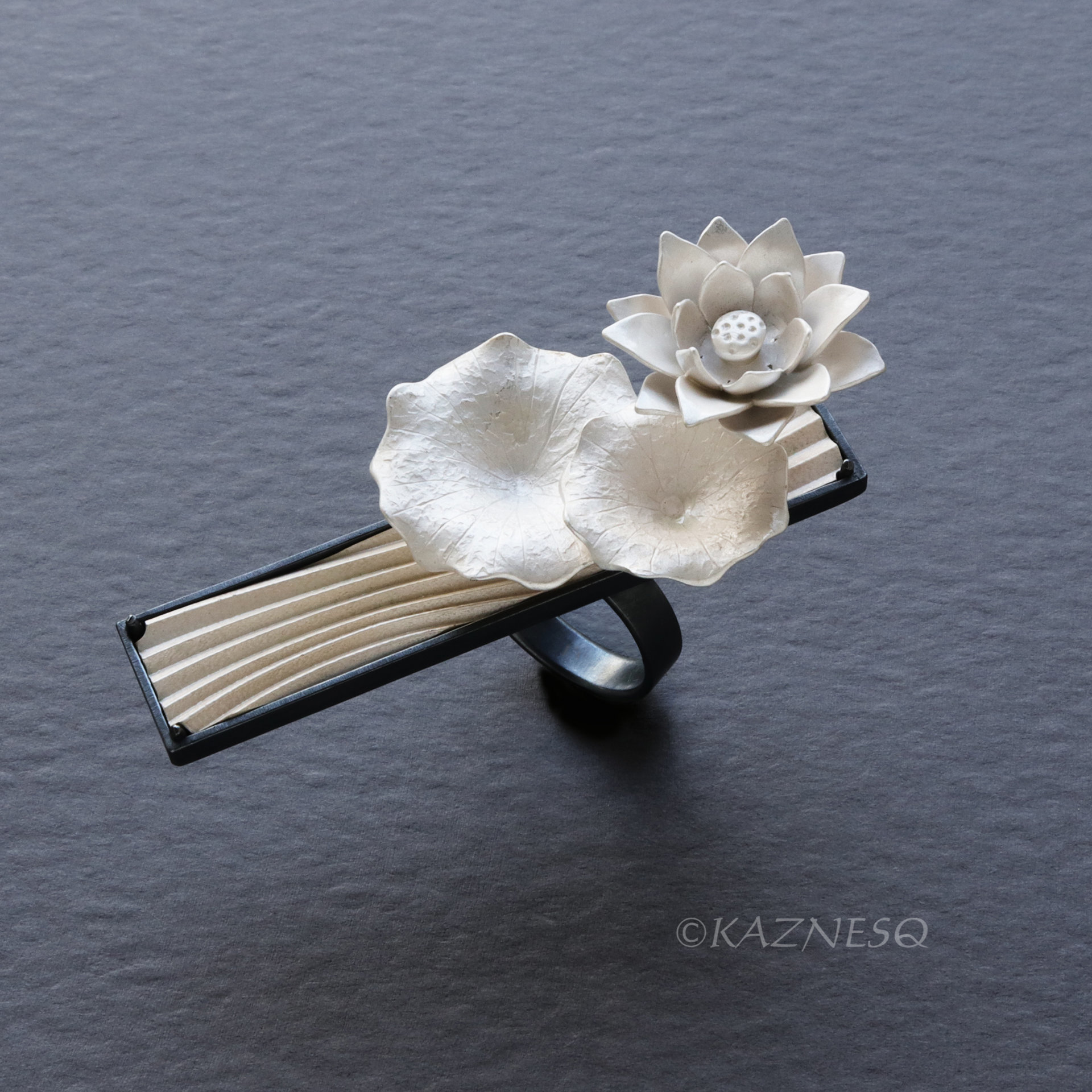 Lotus Flower Statement Ring in Sterling Silver — Handmade Black and White Botanical Art Jewelry