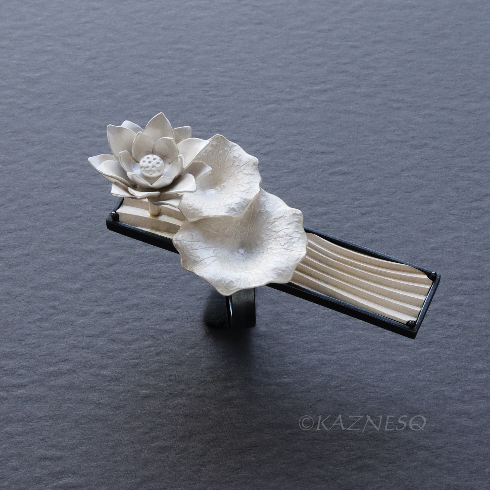 Lotus Flower Statement Ring in Sterling Silver — Handmade Black and White Botanical Art Jewelry