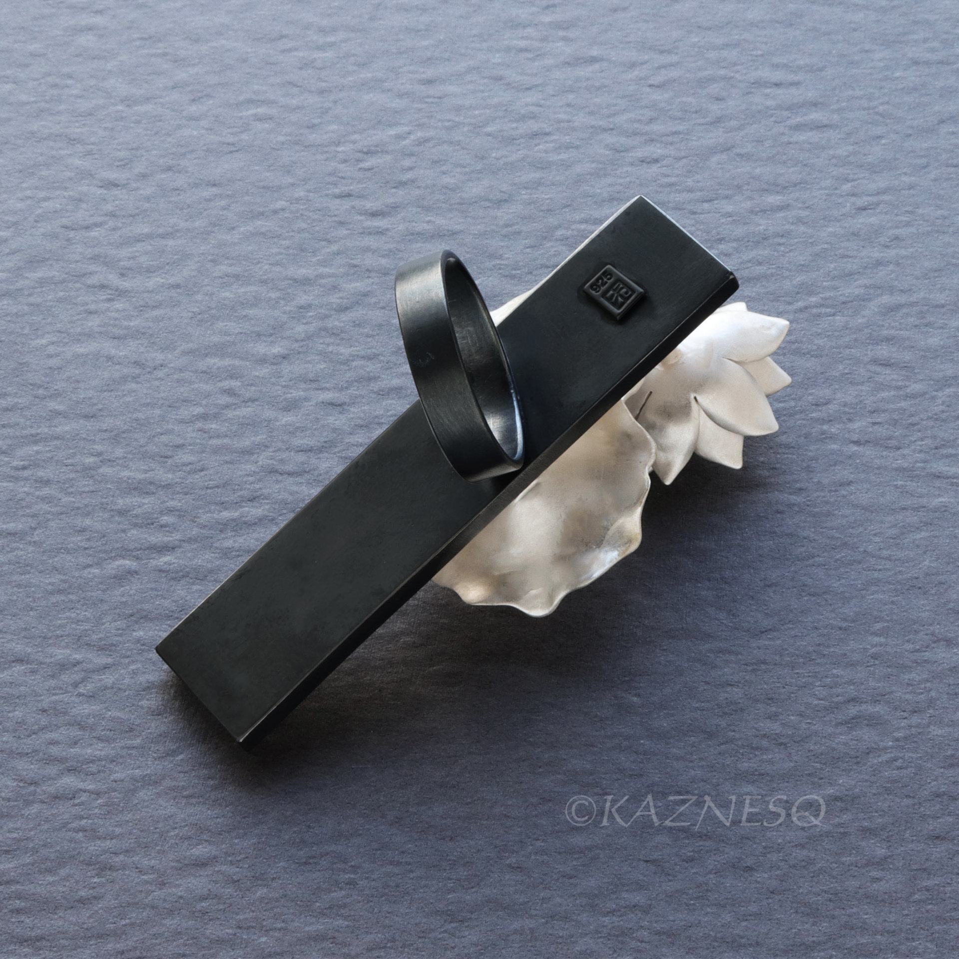 Lotus Flower Statement Ring in Sterling Silver — Handmade Black and White Botanical Art Jewelry