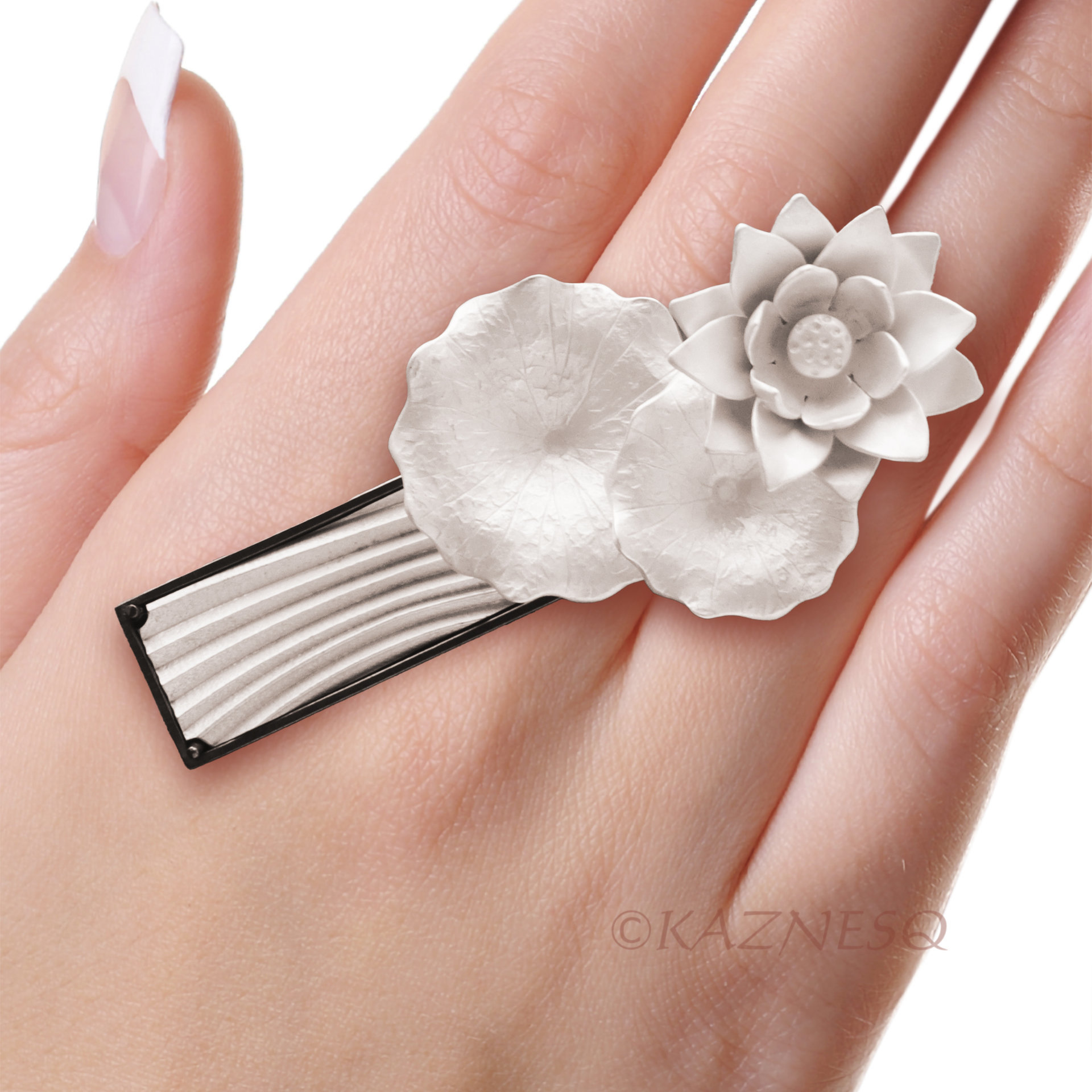 Lotus Flower Statement Ring in Sterling Silver — Handmade Black and White Botanical Art Jewelry