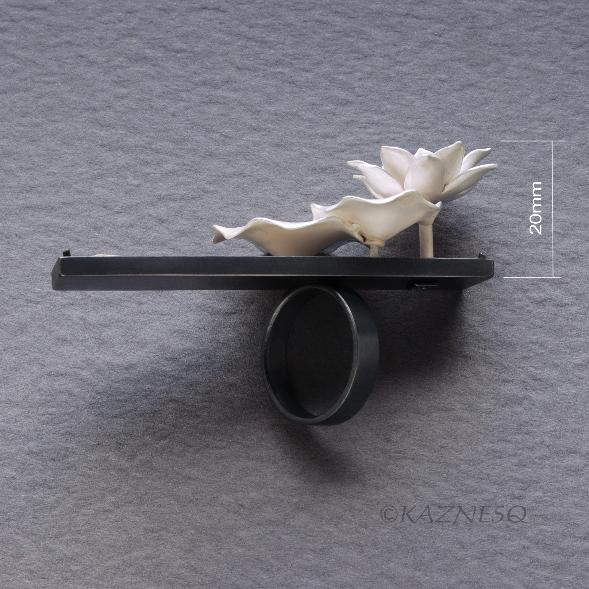 Lotus Flower Statement Ring in Sterling Silver — Handmade Black and White Botanical Art Jewelry