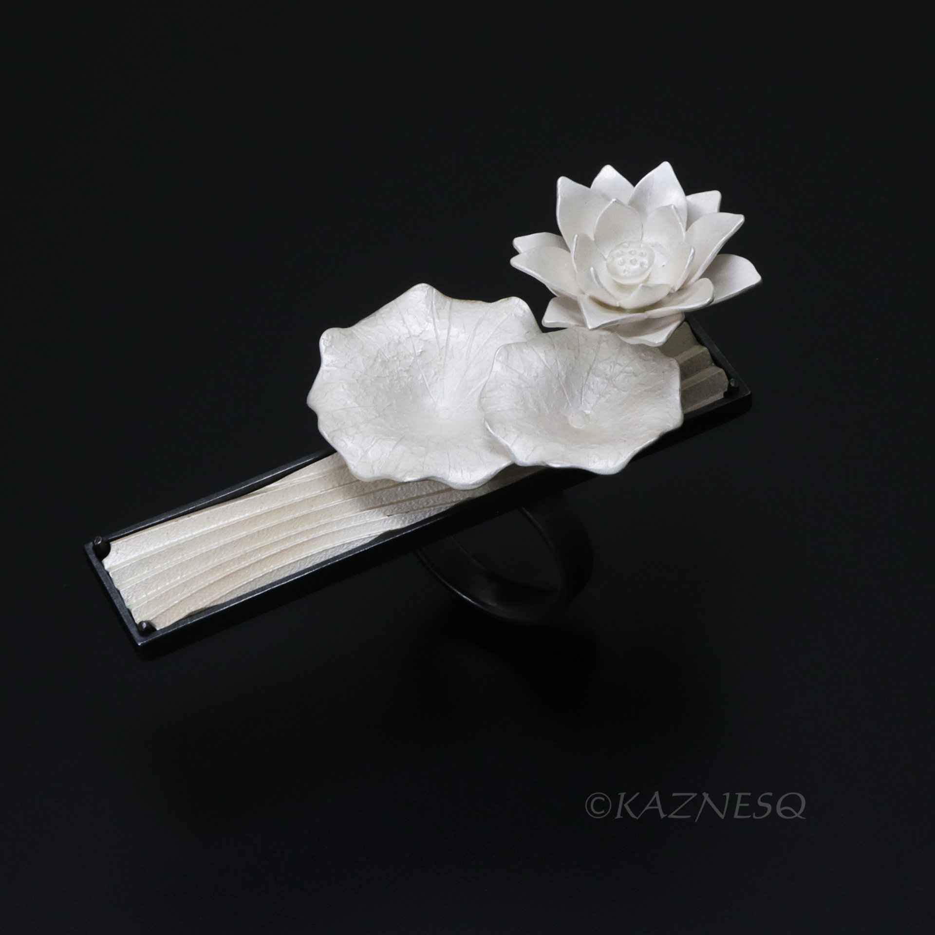 Lotus Flower Statement Ring in Sterling Silver — Handmade Black and White Botanical Art Jewelry