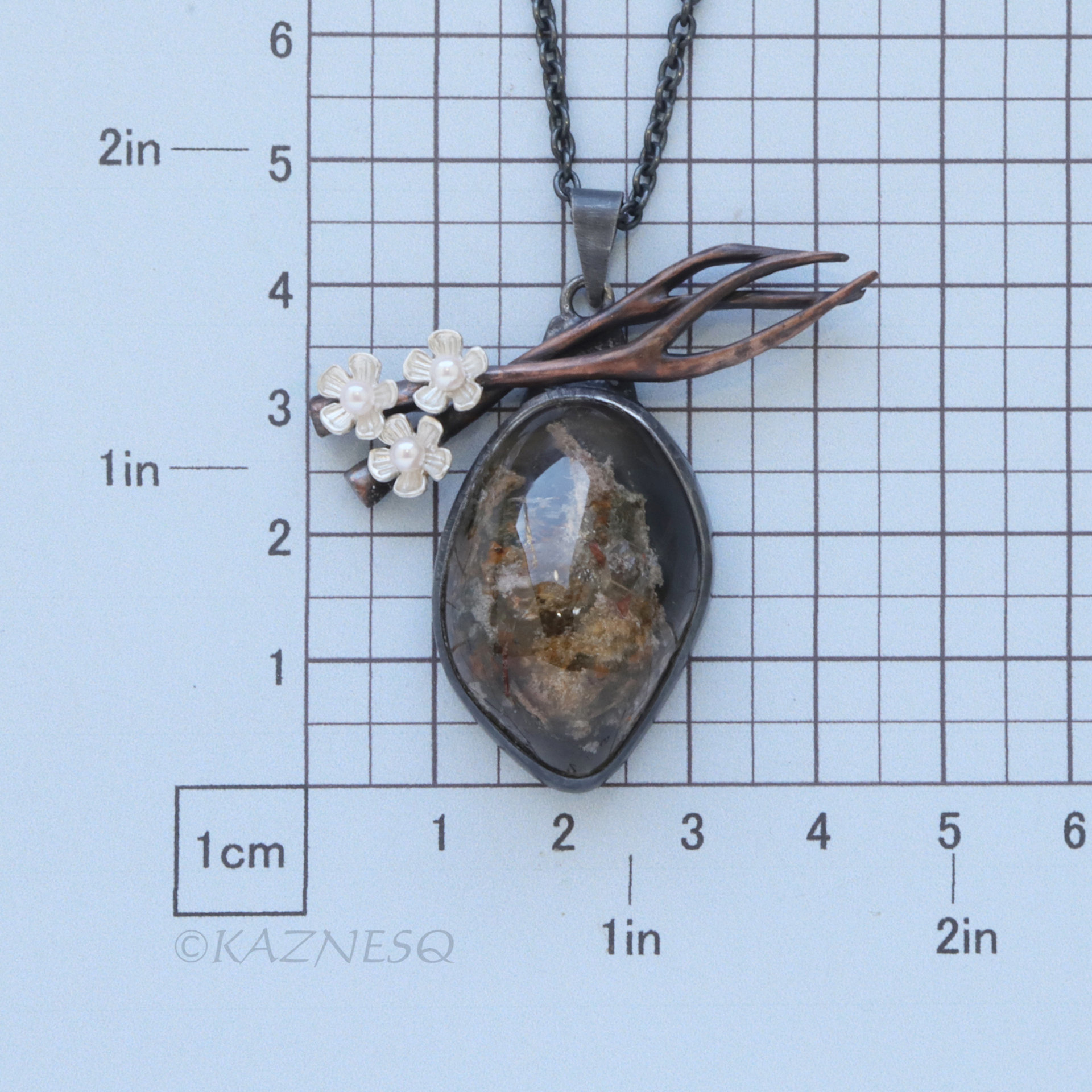Picture Quartz Necklace, Landscape Stone Pendant, Copper Branch, Silver Cherry Blossom, Akoya Pearl, Dark Art Nouveau