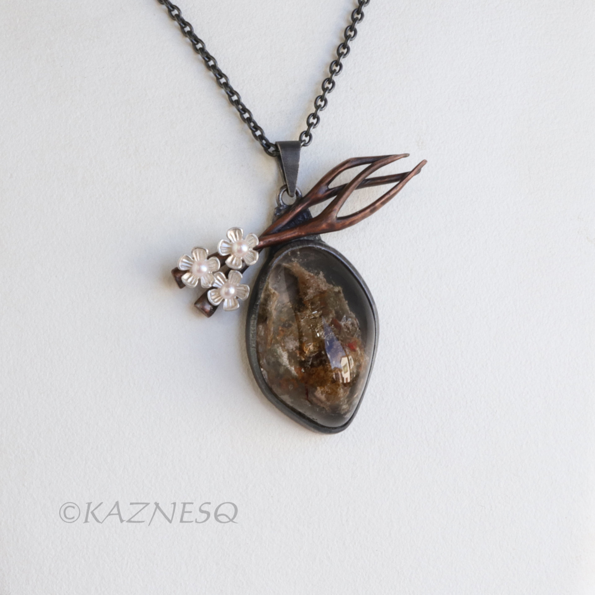Picture Quartz Necklace, Landscape Stone Pendant, Copper Branch, Silver Cherry Blossom, Akoya Pearl, Dark Art Nouveau
