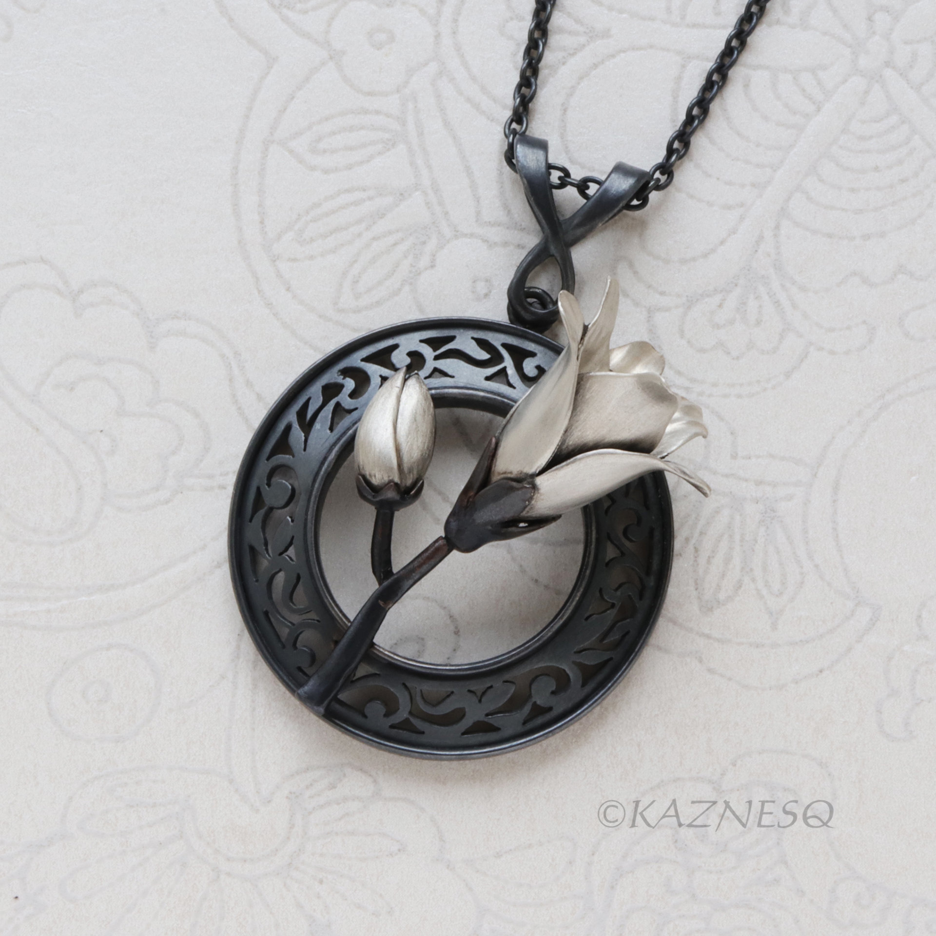 Magnolia Pendant Necklace in Oxidized Silver – Hand-Pierced Scrollwork with Fine Silver Blossom